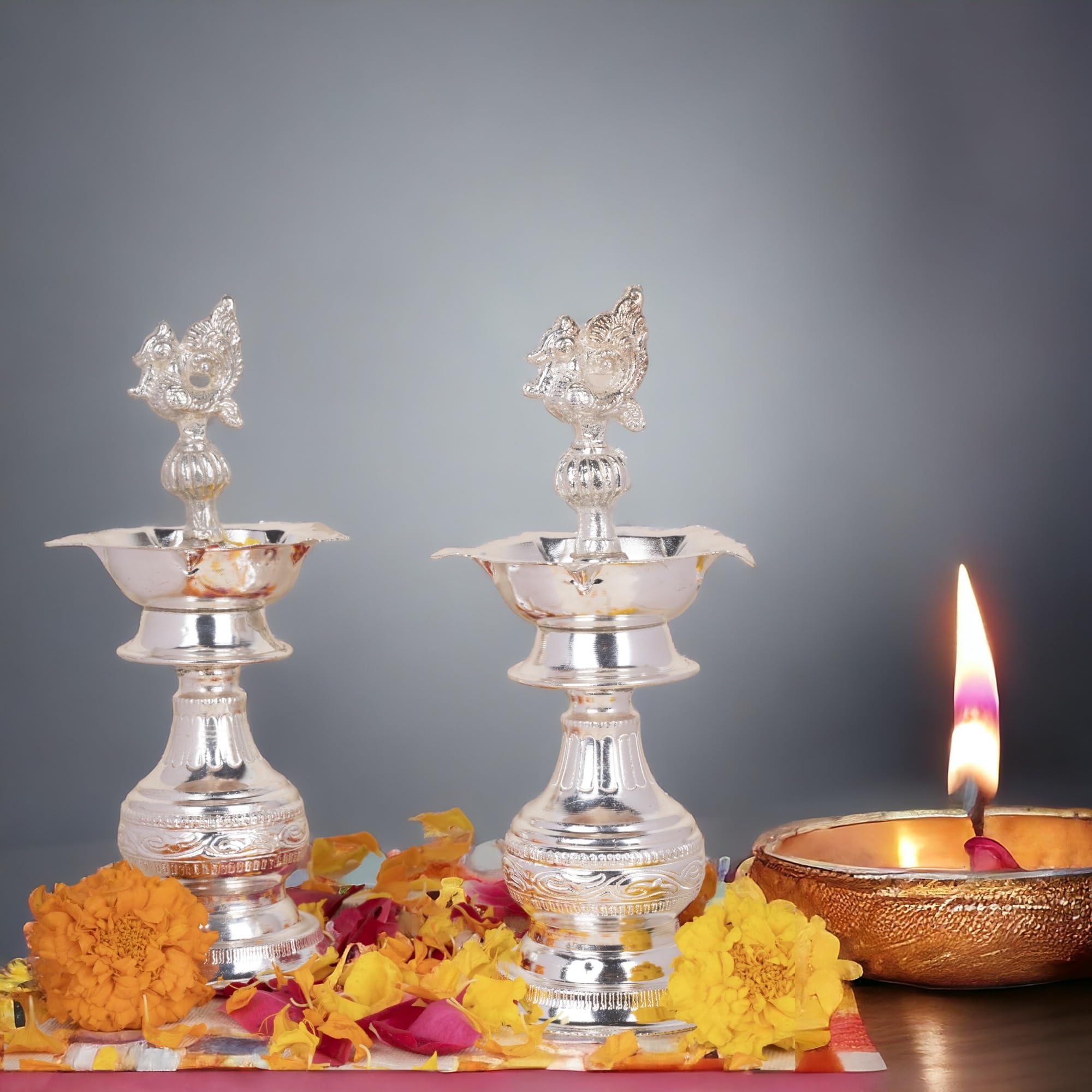 Sigaram 8 Inch Peacock Handle Pure German Silver Diya Lamp Deepam for Home Puja Decor K4240