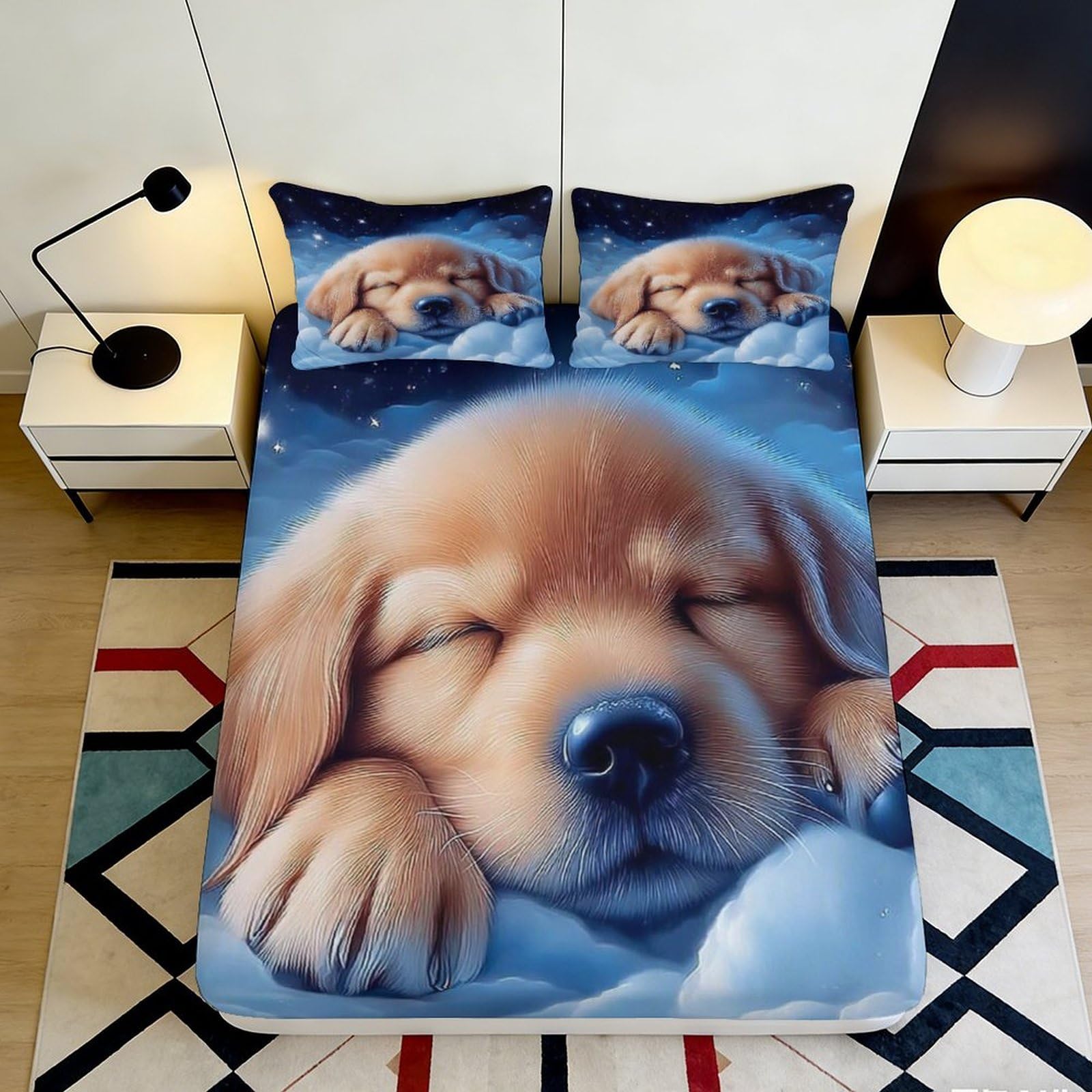 3D Printed Golden Retriever Fitted Sheet Microfiber Soft Breathable Puppy Bed Cover for Bedroom Guest Room Decor 90x200x25cm
