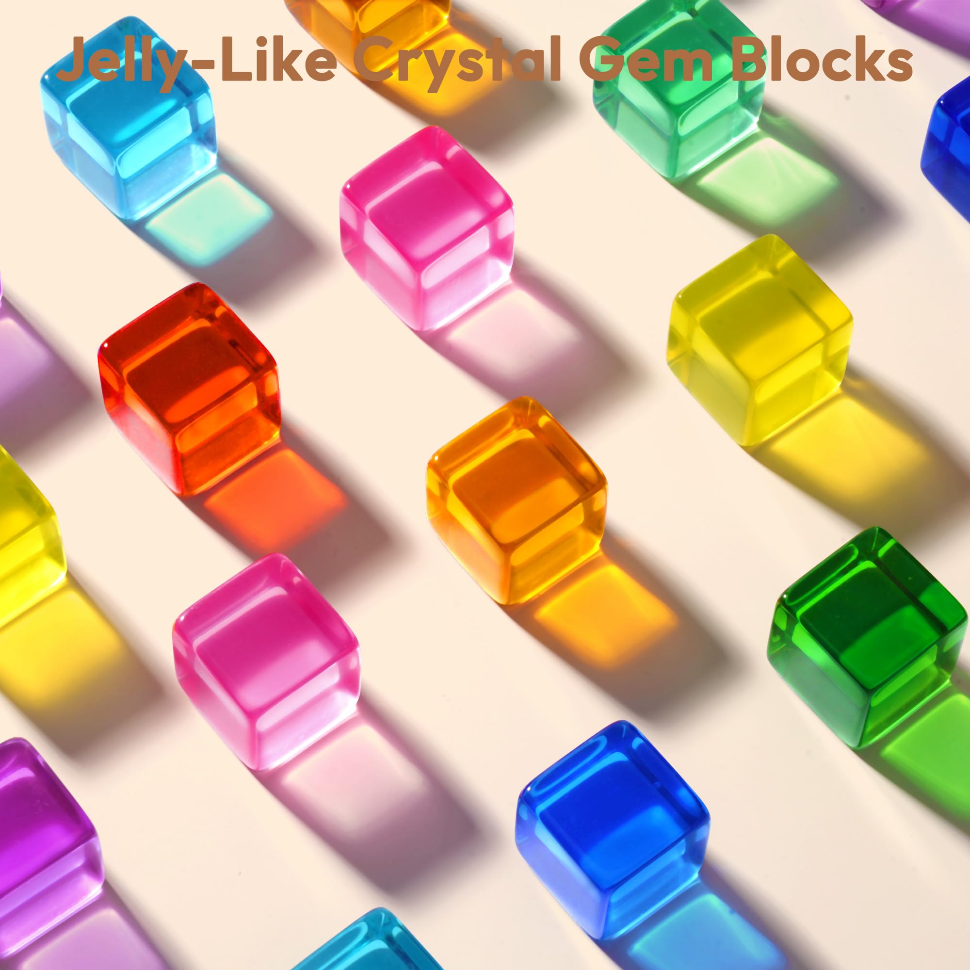 Woodtoe Holzbausteine für Kinder, 48 Stück Regenbogen-Acryl-Edelstein-Würfel, 32 Holzblöcke, Montessori Stapelspielzeug für Kleinkinder, sensorisches Spielzeug