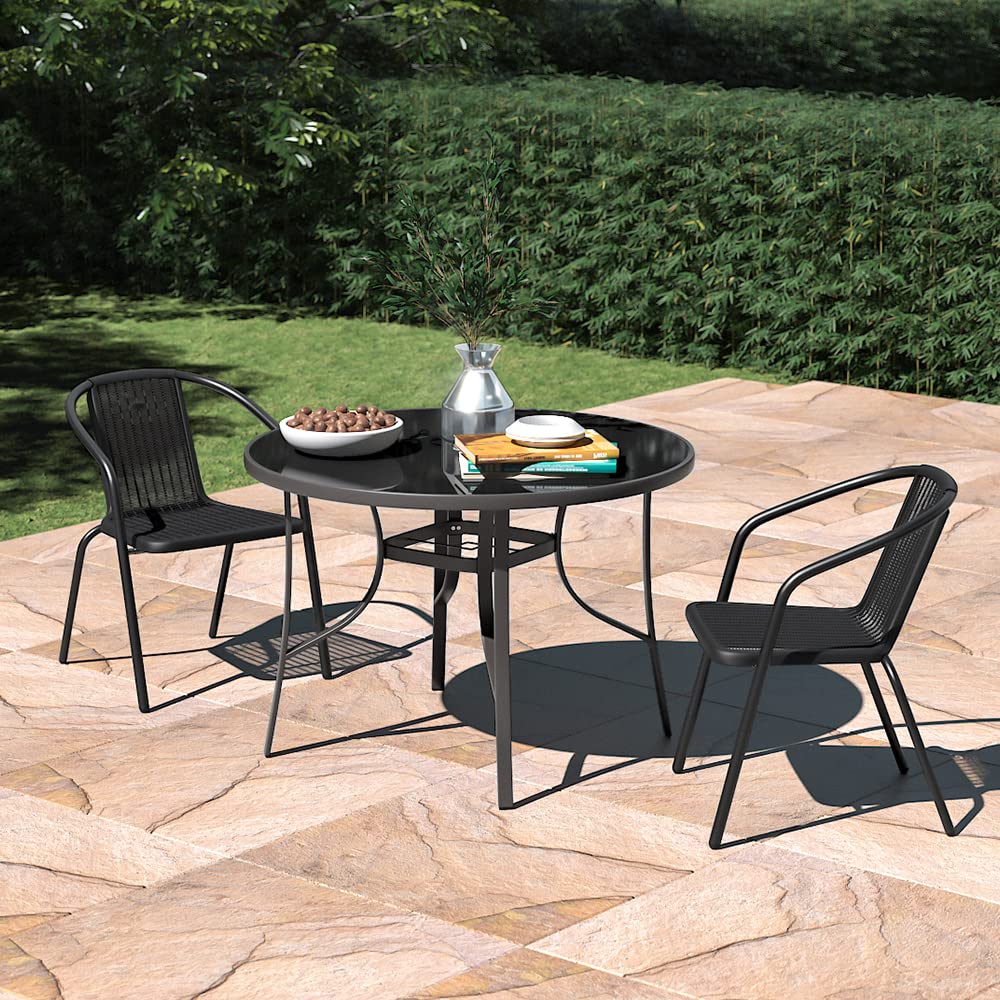 The Fellie Garden Furniture Set Outdoor Dining Table and Chairs Patio Tempered Glass Table Top with Umbrella Hole Wicker Stacking Chairs Seat(105cm Round Table+2PC Chair