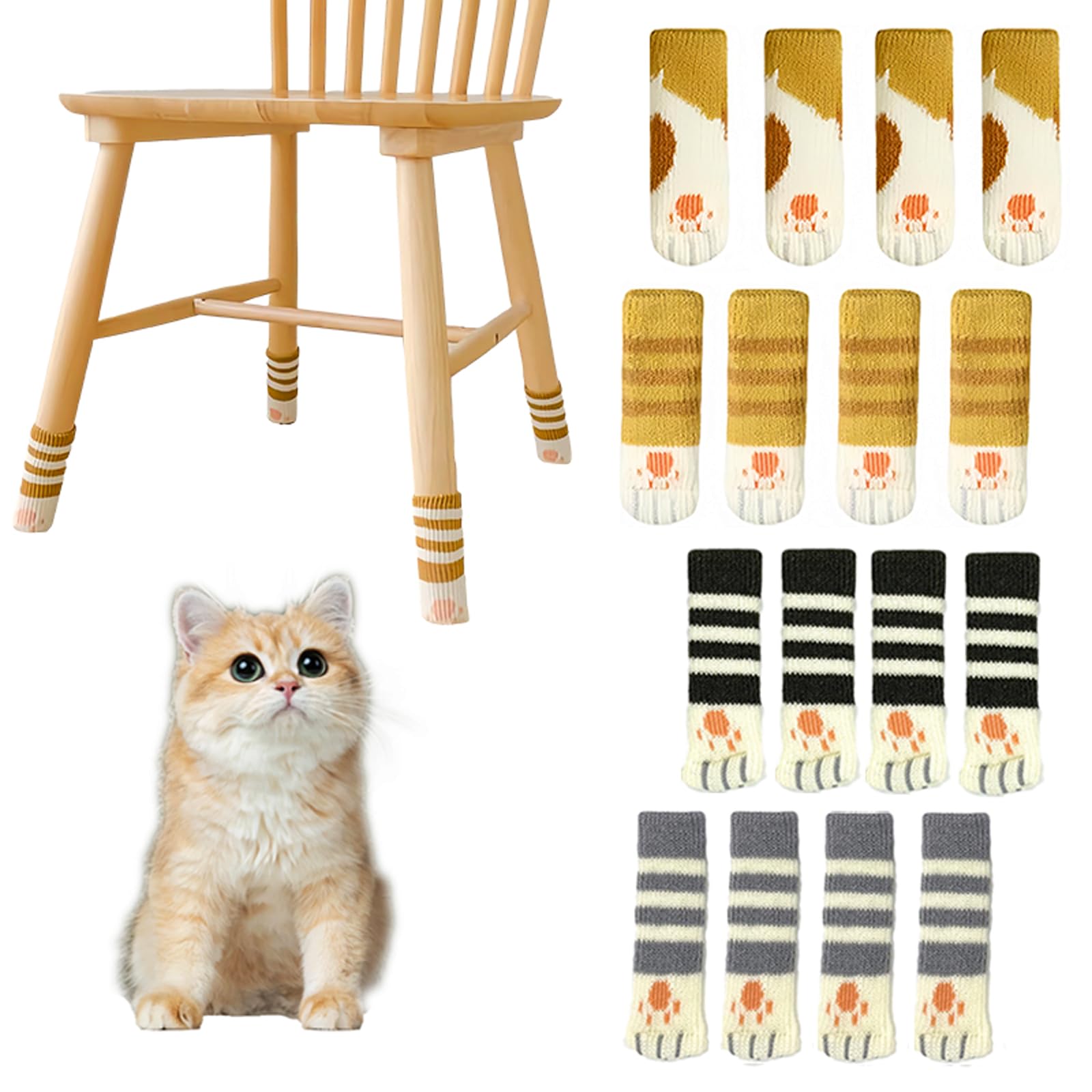 16Pcs Cat Paw Chair Socks -Cute Chair Leg Floor Protectors Socks, Knitted Non-Slip Furniture Socks for Chairs/Stool - No Scratch Noise Reduction Chair