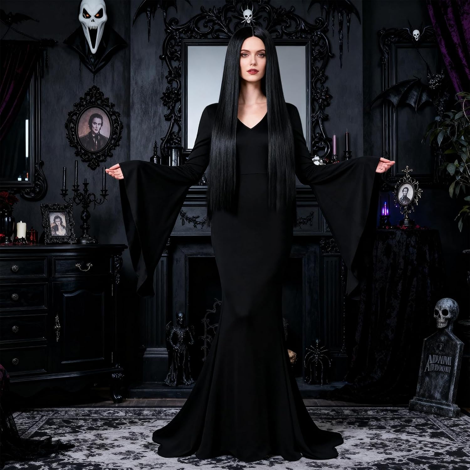Gothic Witch Costume for Women Halloween Cosplay Costumes Accessories Vintage Dress + Long Black Wig + Earrings - Image 6