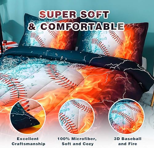 Miniatura 3 de Andency Edredón de béisbol tamaño matrimonial (79 x 90 pulgadas), 3 piezas (1 edredón de béisbol, 2 fundas de almohada), juego de edredón deportivo