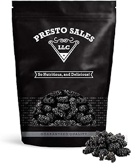 Mulberries, "FRESH" Dried Black - No sugar added, Delicious, Quality, Vegan, User Friendly, Snack, Healthy, Ingredient, Luscious, Packed in a resealable 1 lb. (16 oz.) pouch bag by Presto Sales LLC