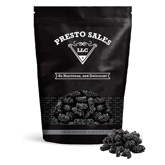 Mulberries,#34;FRESH" Dried Black - No sugar added, Delicious, Quality, Vegan, User Friendly, Snack, Healthy, Ingredient, Luscious, Packed in a resealable 1 lb. 16 oz. pouch bag by Presto Sales LLC