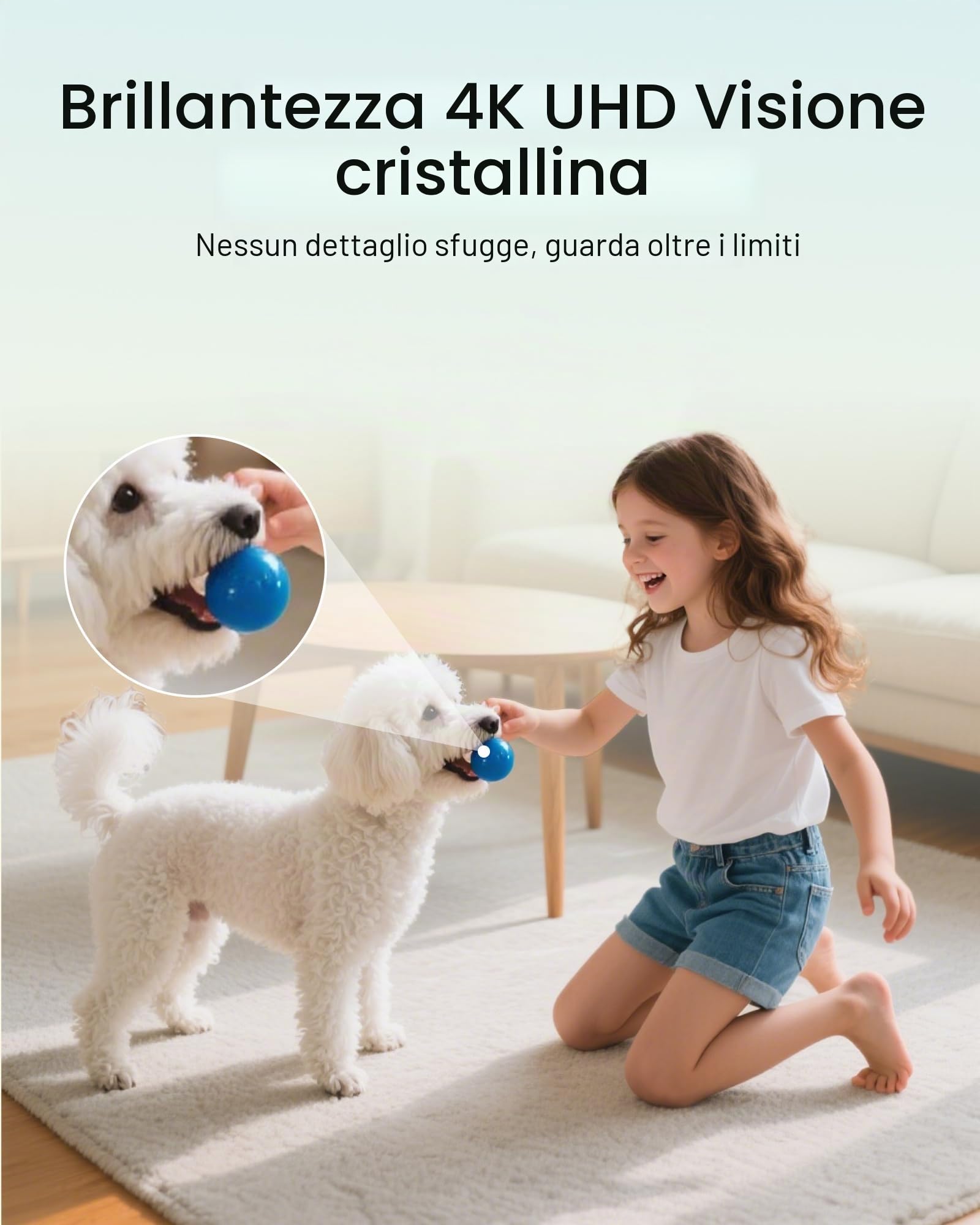 4K Telecamera Wi-Fi Interno, 360° PT + Scheda di Memoria da 64 GB | 2,4/5GHz Wi-Fi, Auto-Tracking, Rilevamento AI Persone/Animali/Bambino Pianto, Audio Bidirezionale, Con un Solo Tocco