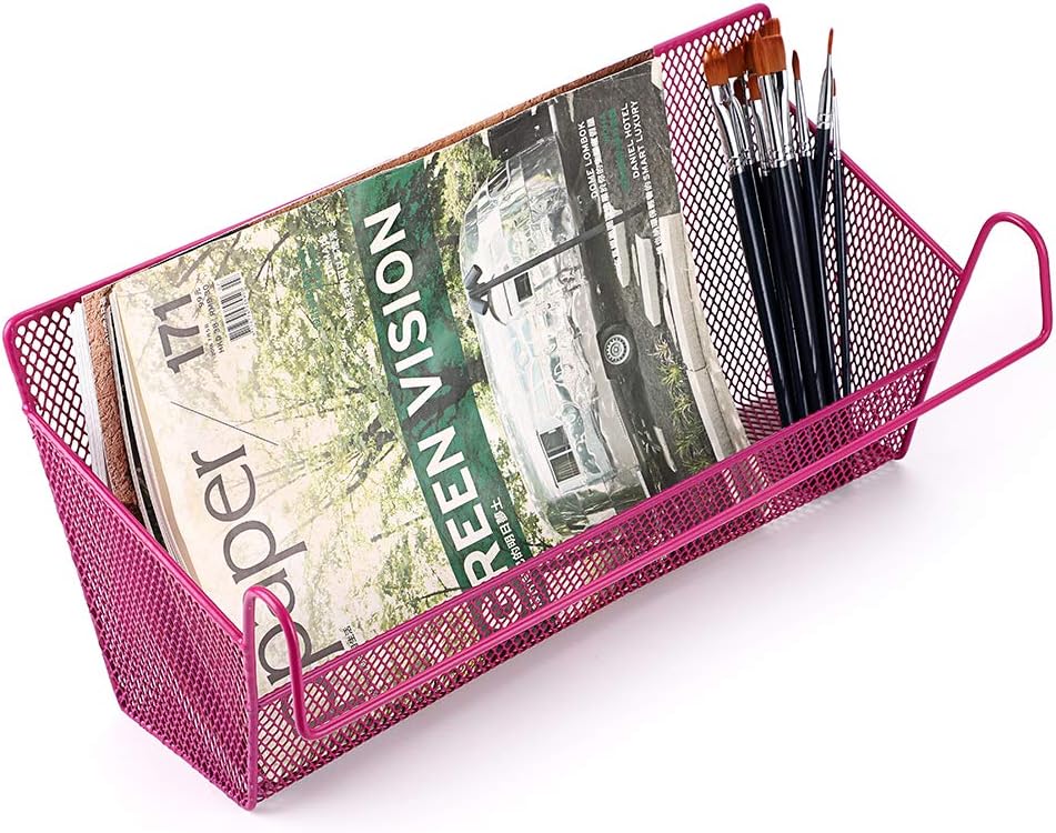 BTSKY 2 Pack Bedside Storage Baskets, Dorm Room Bed Storage Basket Metal Mesh Desktop Corner Shelves Hanging Organizer Rack Shelf Bedside for Book Phones Drinks Tissues Office Home with Hook Rose