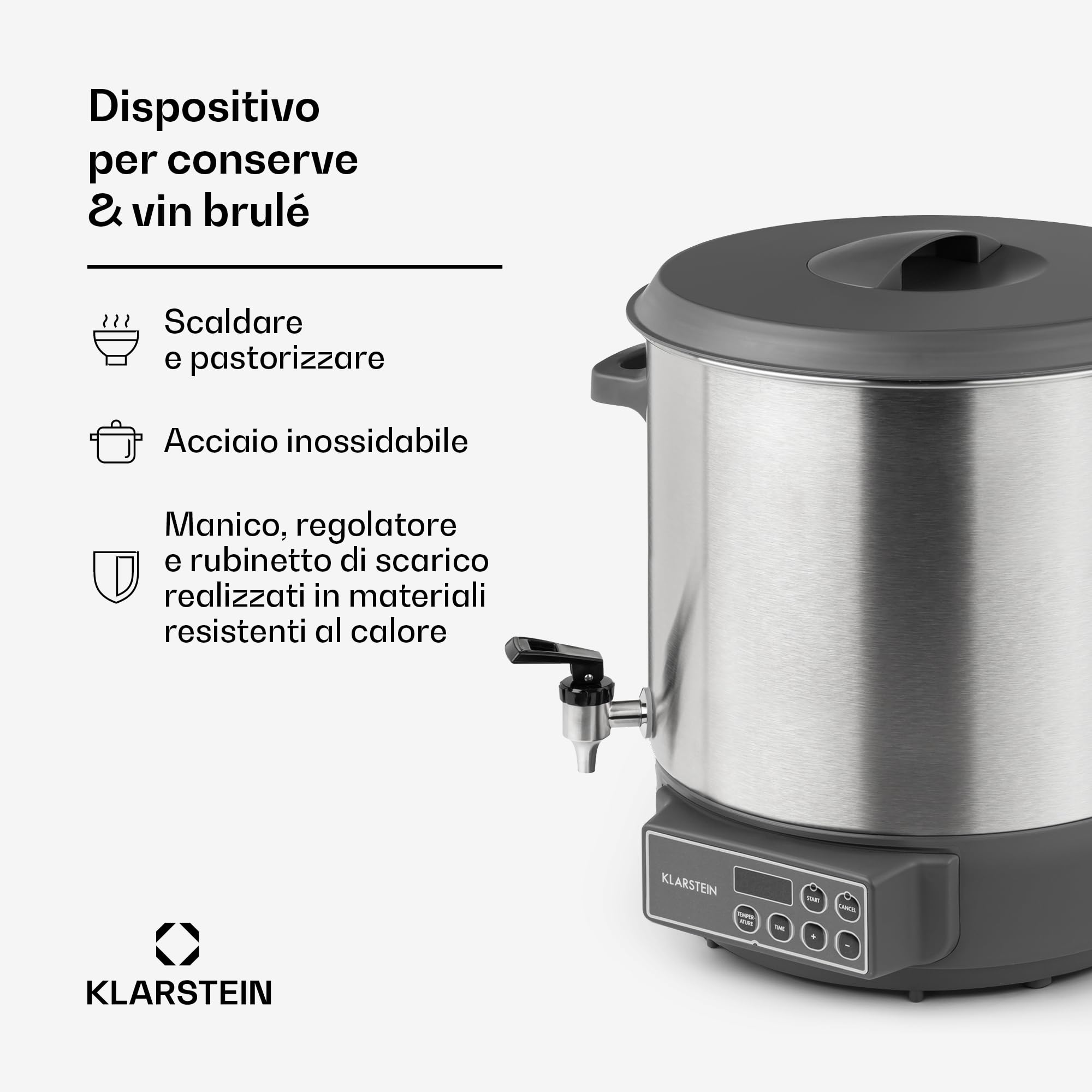 KLARSTEIN Lady Marmalade - Pastorizzatore, Dispenser per Bevande Calde, 27 L, 1800 Watt, 30-100 °C, Timer, Funzione Mantenimento Calore, Protezione Ssurriscaldamento, Acciaio Inox Spazzolato