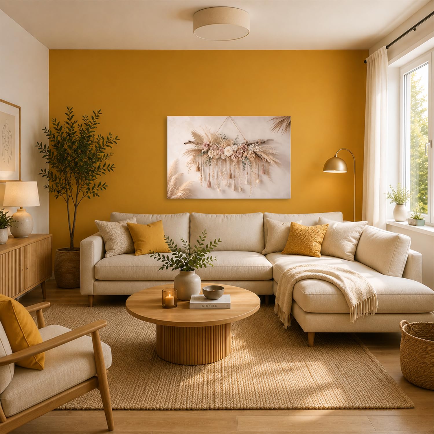 Leinwandbild Trockenblumen und Quasten an Holzstamm 70x50cm Farbig