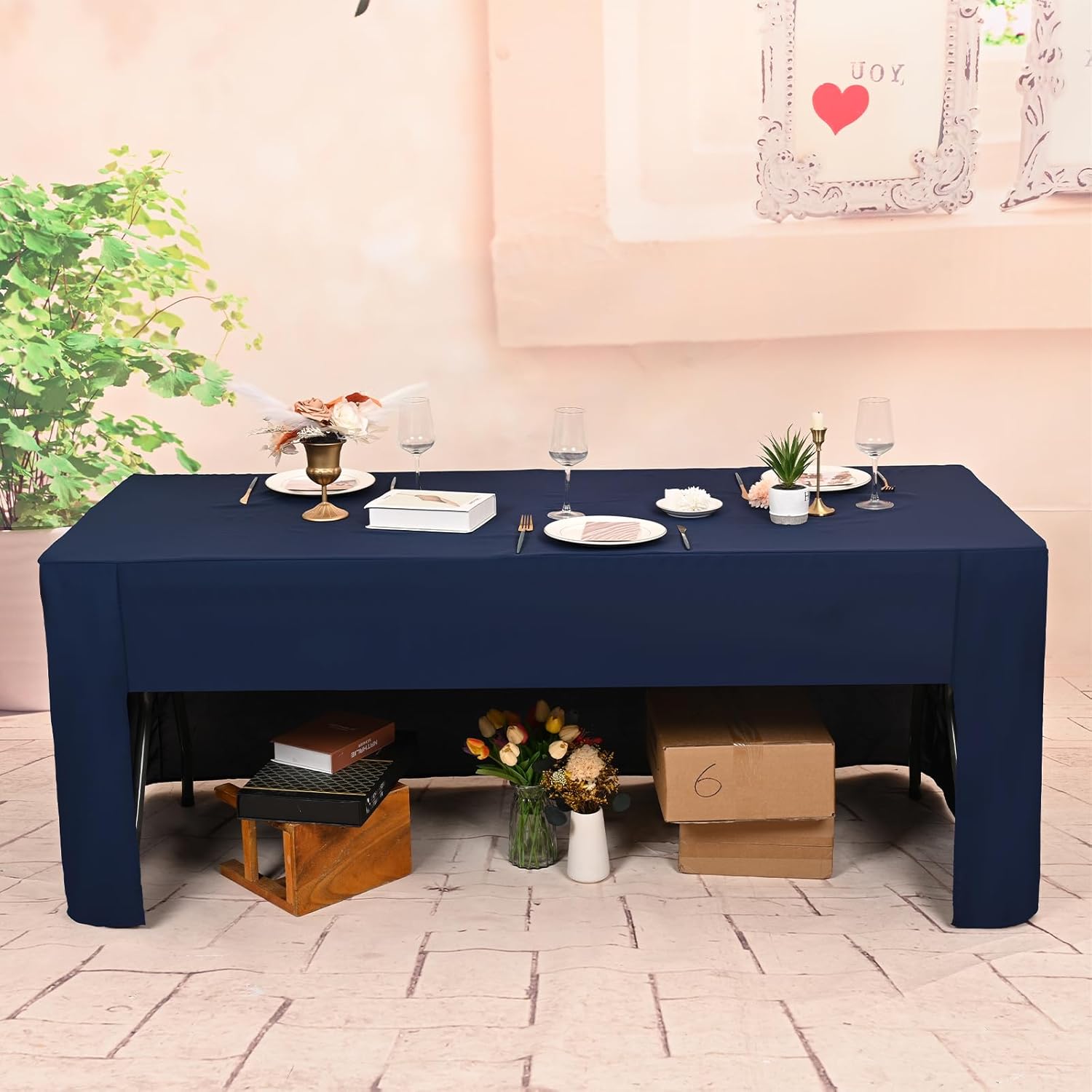 4 Pack Navy Blue Fitted Table Cover, Open Back Polyester Tablecloth for 6ft Rectangular Folding Tables, Washable Fabric and Wrinkle Resistant Table Cloth for Party, Wedding, Banquet, Trade Show
