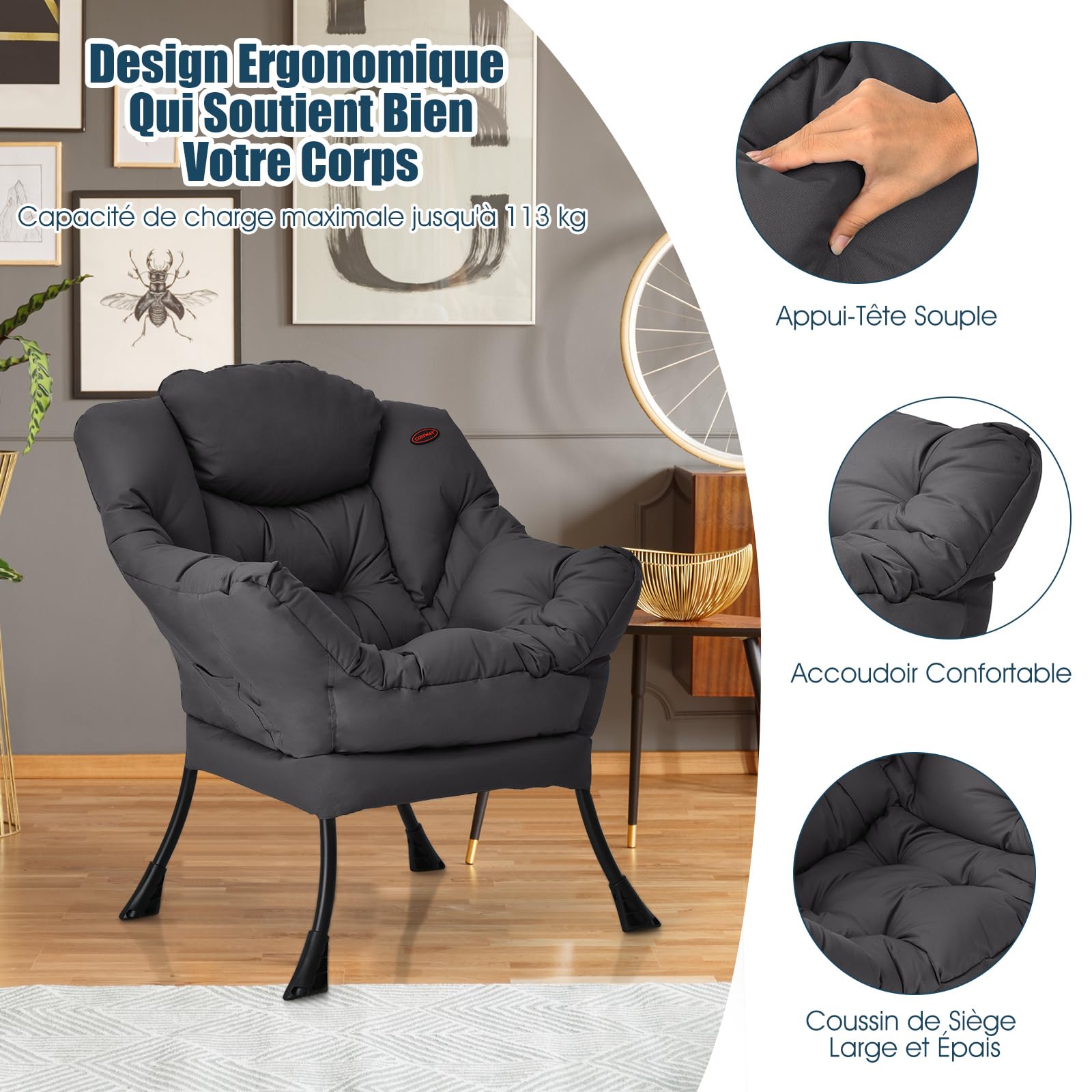 Costway fauteuil bascule interieurexterieur en rotin pe, coussin épais, structure en métal, charge 150 kg (beige