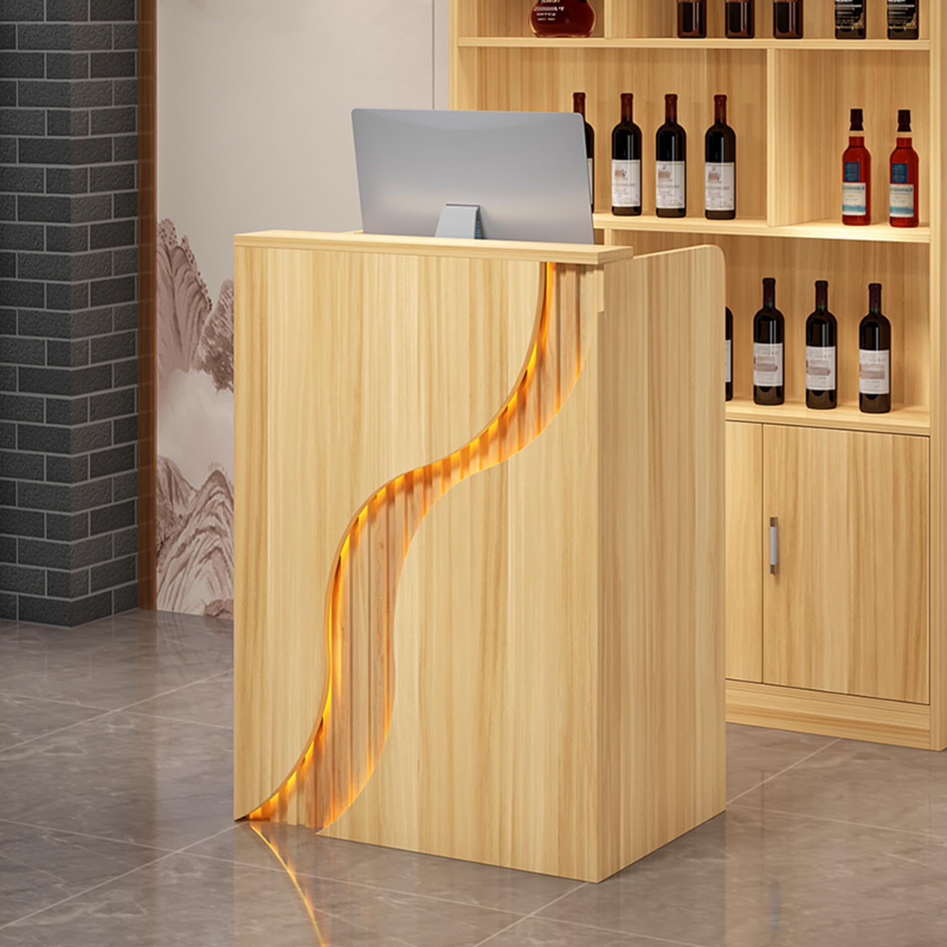 Moderno banco reception in MDF con gestione dei cavi, elegante postazione di lavoro con cassetti per uffici e aree di attesa, design elegante, soluzione salvaspazio