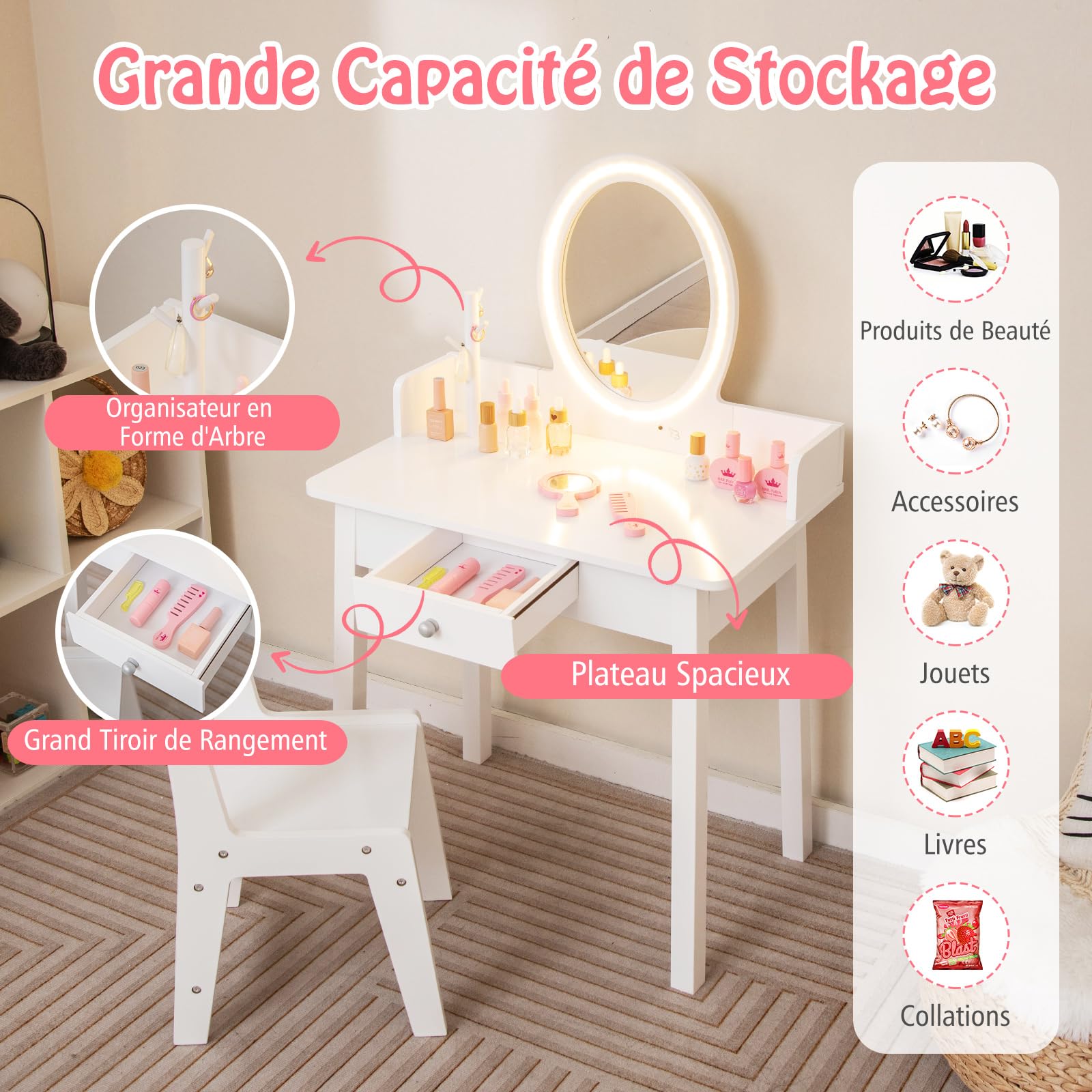 COSTWAY 2 en 1 Coiffeuse Enfants avec Miroir LED & Tabouret, Table de Maquillage avec Tiroir & Organisateur en Forme Arbre, Dispositif Anti-basculement, Charge 50kg pour Enfants de 3-8 Ans