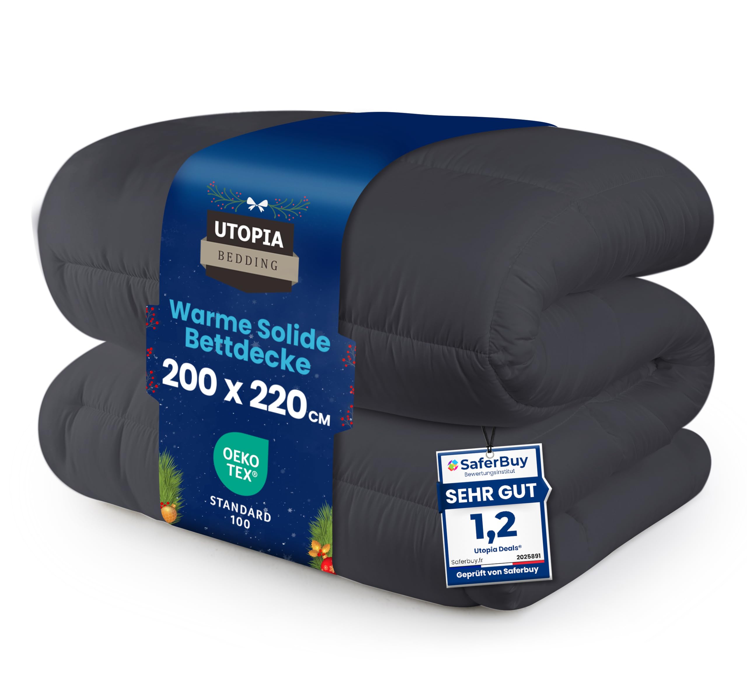 Utopia Bedding Bettdecke 200 x 220 cm, Ganzjahresdecke 370 GSM Füllung, atmungsaktive Schlafdecke, Steppdecke, Super Weiche Kuschelige (Grau)