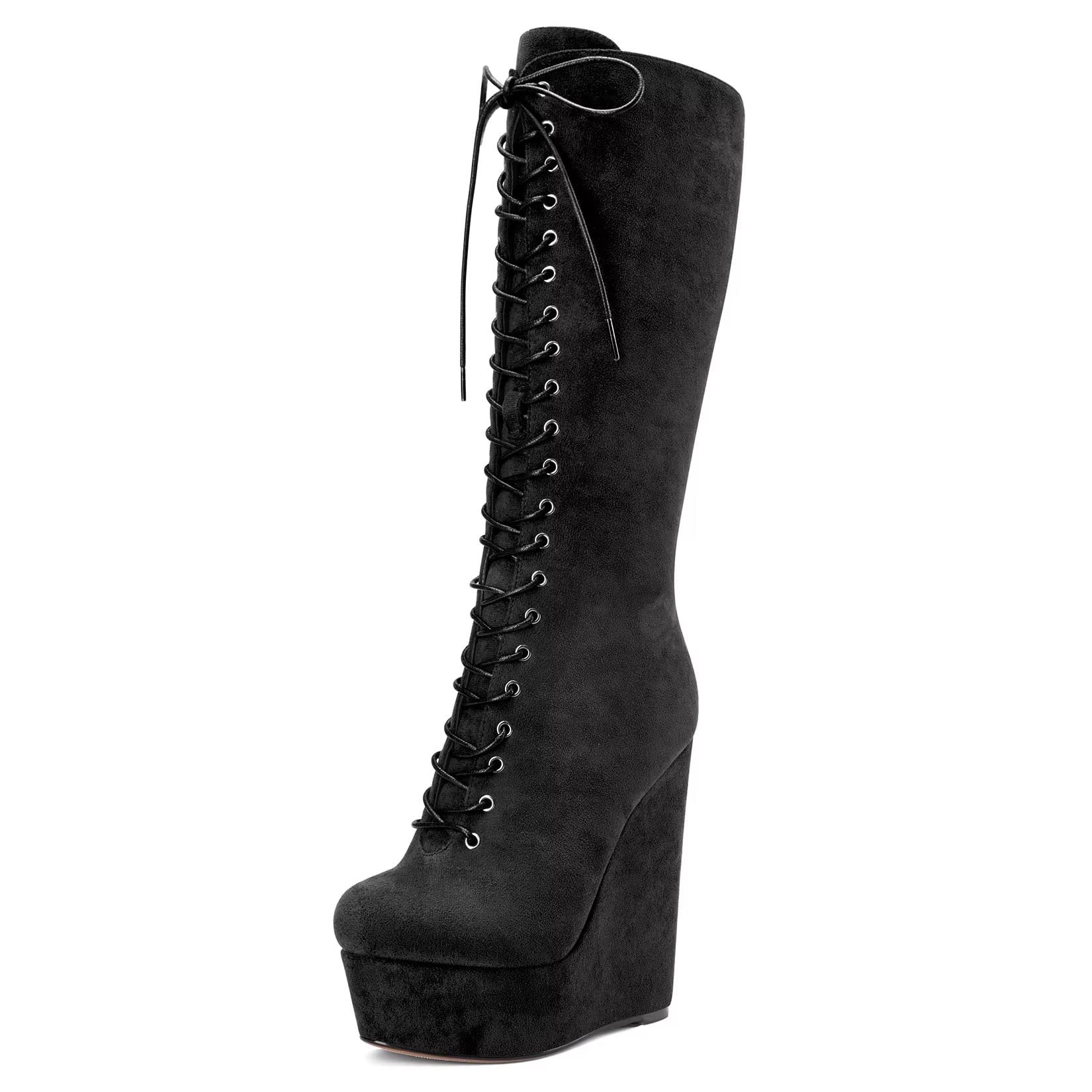 Castamere Women Wedge High Heel Close Round Toe Mid Calf Lace-up Zipper Classic Boots