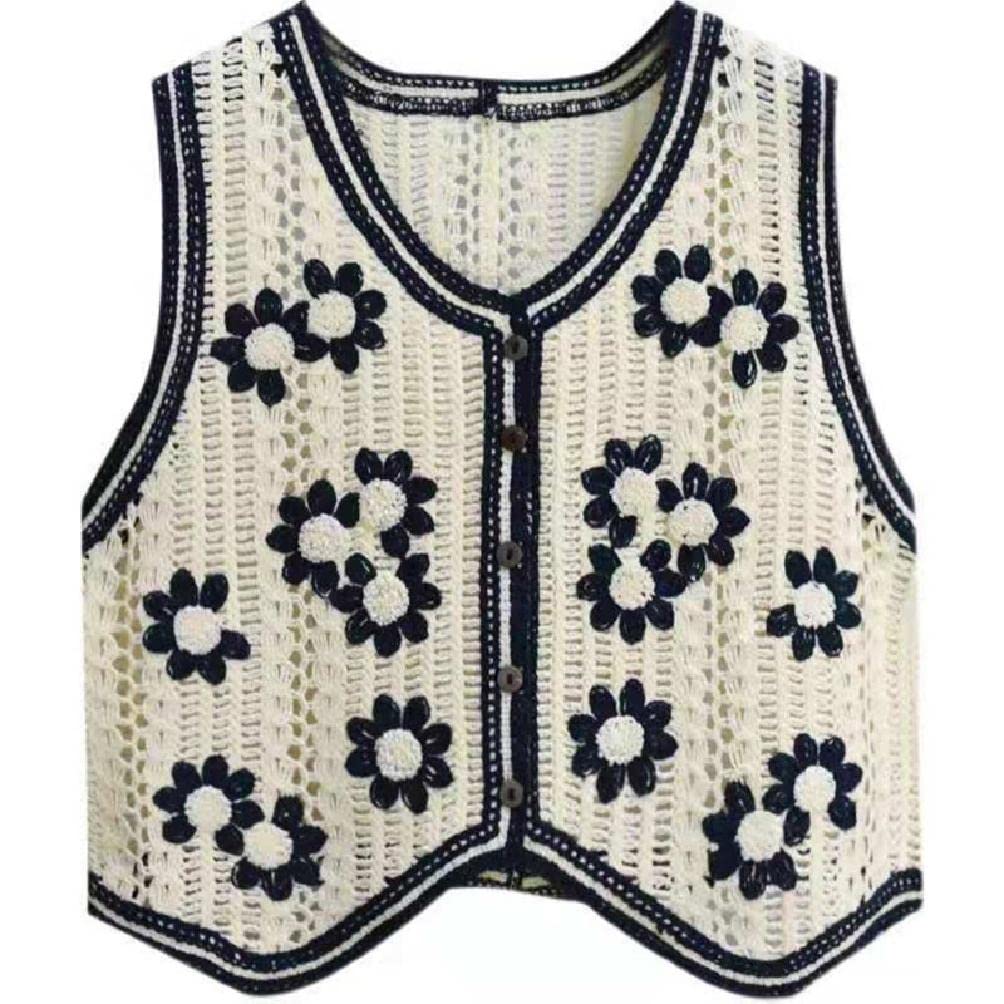 Boho Women Crochet Knit Vest Waistcoat Floral Pattern Sleeveless V-Neck Cardigan Brown Sleeveless Cardigan for Women