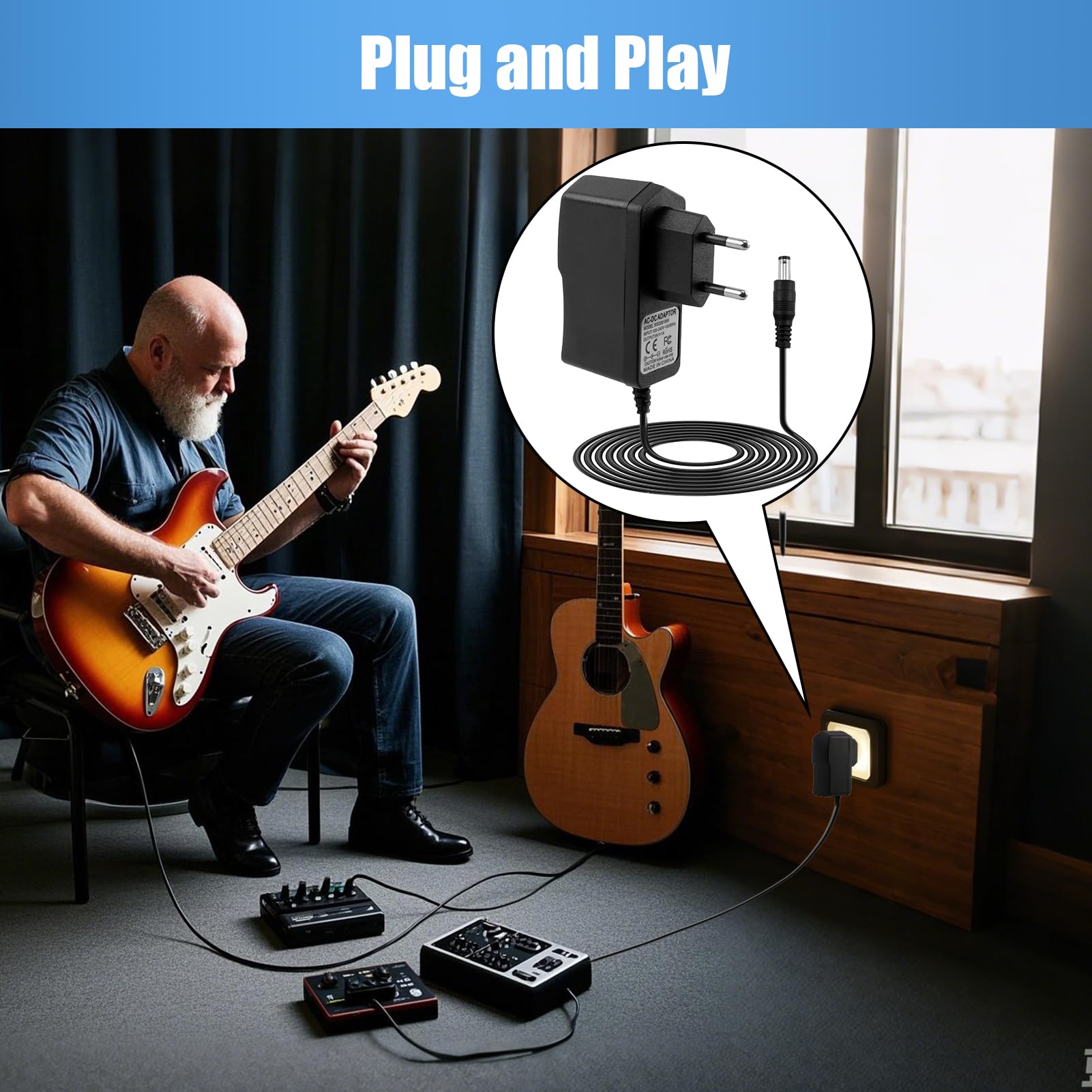 9V Adapter 100-240V Gitaar Pedaal Voeding Draagbare Oplaadbare Batterij voor Gitaar Bas Effect Pedalen met Kortsluiting/Overstroombeveiliging(EU Adapter
