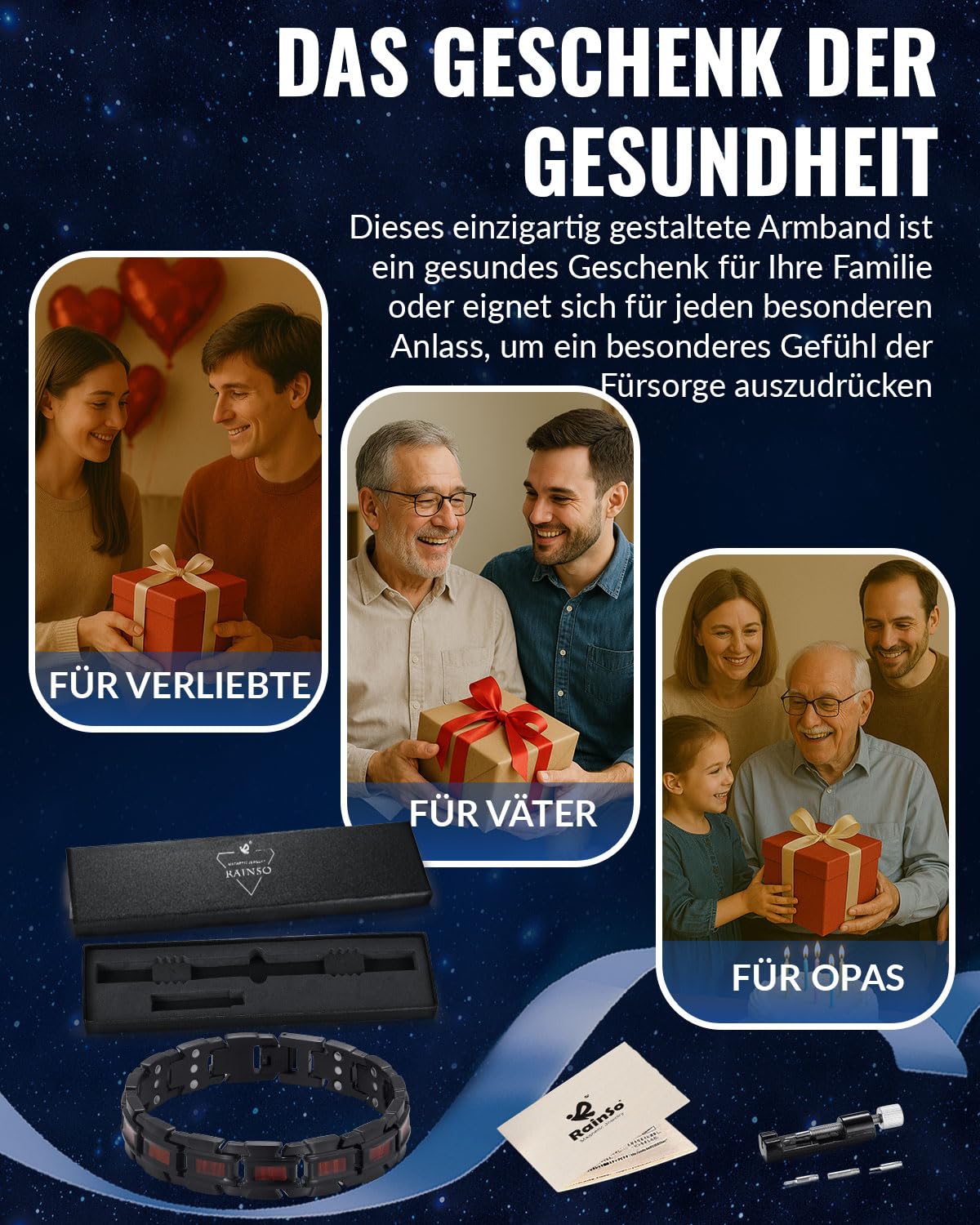 RainSo Herren Magnetarmband,Scorpion Zange Dreireihiges magnetisches Armband aus Holz und Edelstahl,Wird mit einem Werkzeug zum Entfernen von Gliedern und einer Schmuckgeschenkbox (schwarz und rot)