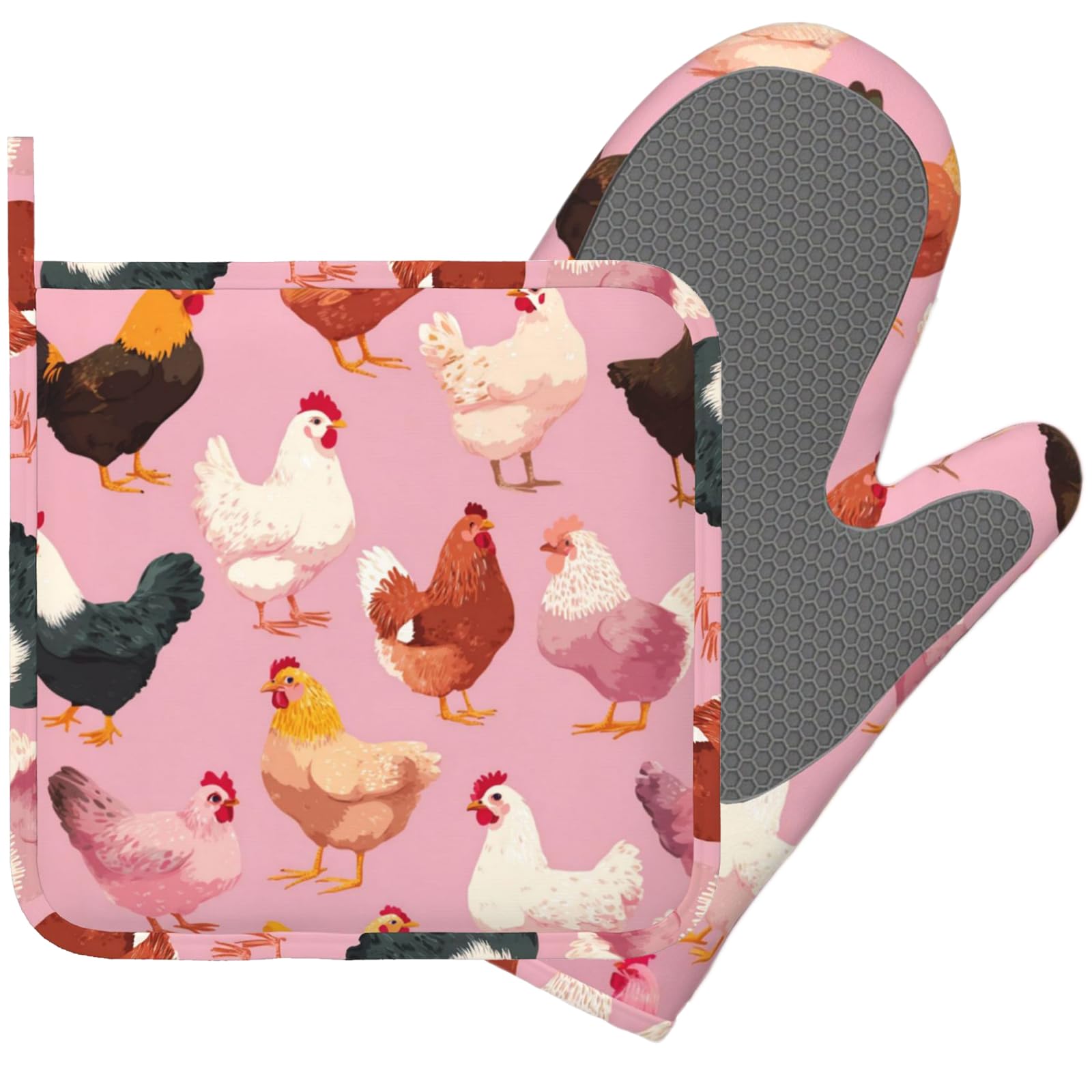 Ensemble de gants de cuisine et maniques en forme de coq et poule - Surface antidérapante en silicone pour barbecue, cuisine, pâtisserie, grillades