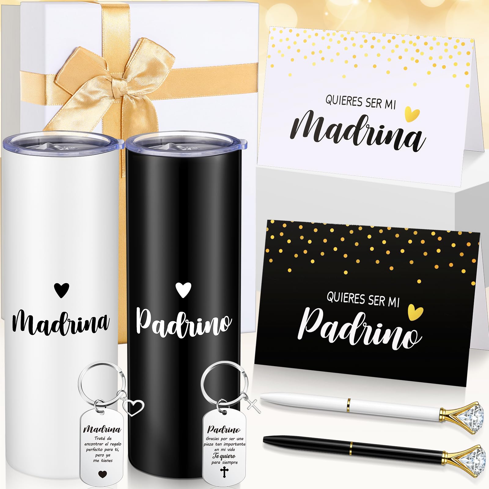 Sieral 9 Pcs Godparents Proposal Gift Will You Be My Godmother Godfather with Tumbler Keychain Card Pen Box Godchild Baptism Xmas Gift for Godparents Padrinos Madrina(Madrina, Padrino)