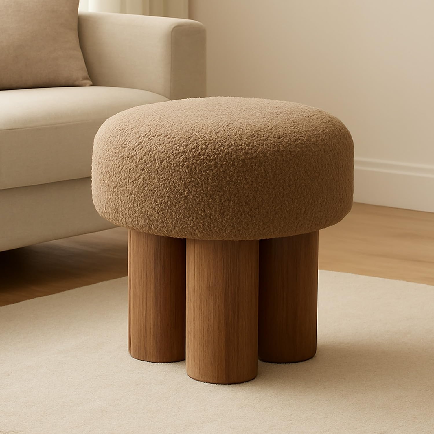Round Foot Stool, Small Mushroom Ottoman Footstools Modern Pouf Boucle Ottoman, Teddy Foot Rest for Couch Sofa Comfy Floor Footrest Step Stool for Living Room,Bedroom,Desk,Office(Brown)