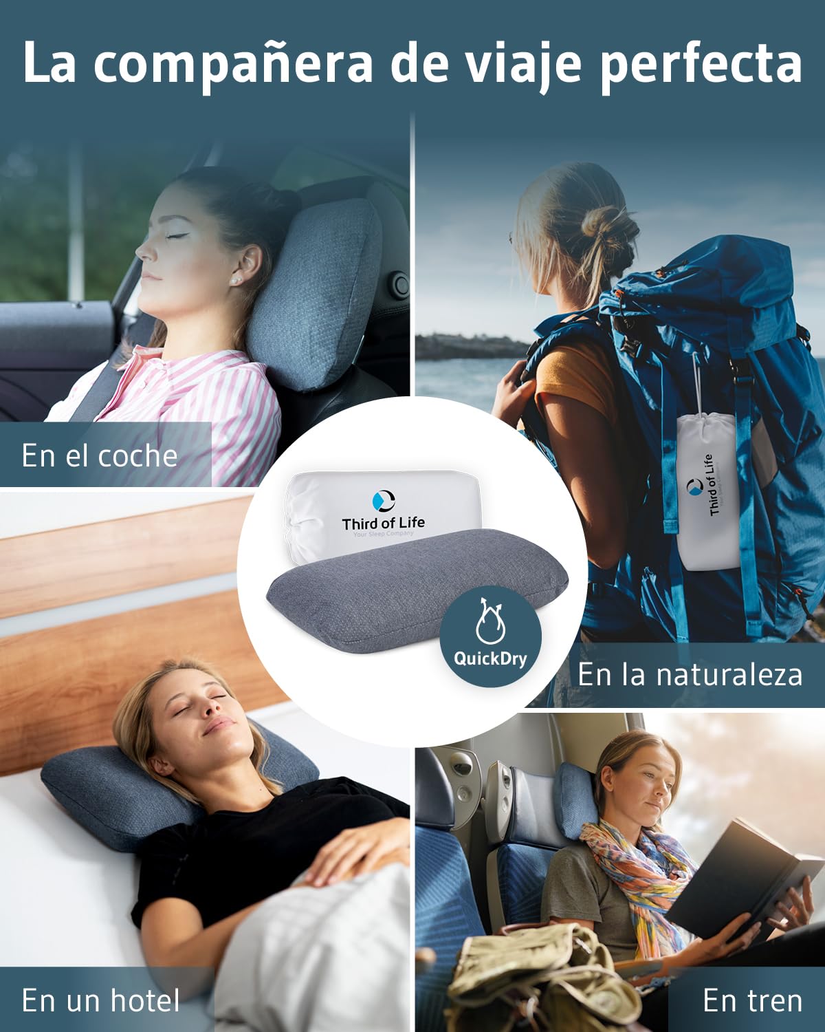 Third of Life Almohada de Viaje Volar Quickdry | Almohada Pequeña Ergonómica Viscoelástica | Funda Gris con Termorregulación y Secado Rápido | Cojín pequeño Tren, avión y Coche | Almohada Camping