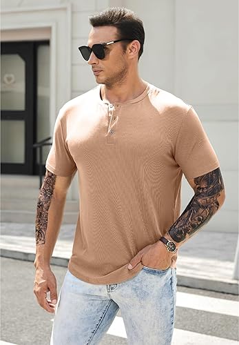 Vista 7 de JMIERR Camisas para hombre con cuello redondo y cuello redondo, camiseta atlética con botón