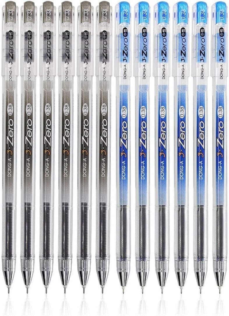 LOVENIMEN Gel Ink Rollerball Pens, Dong-a Zero 0.38 mm, Fine Point Fine Tech Excellent Smooth Writing, Metal Tip Assorted Ink Pen Black Blue - 12 Pack