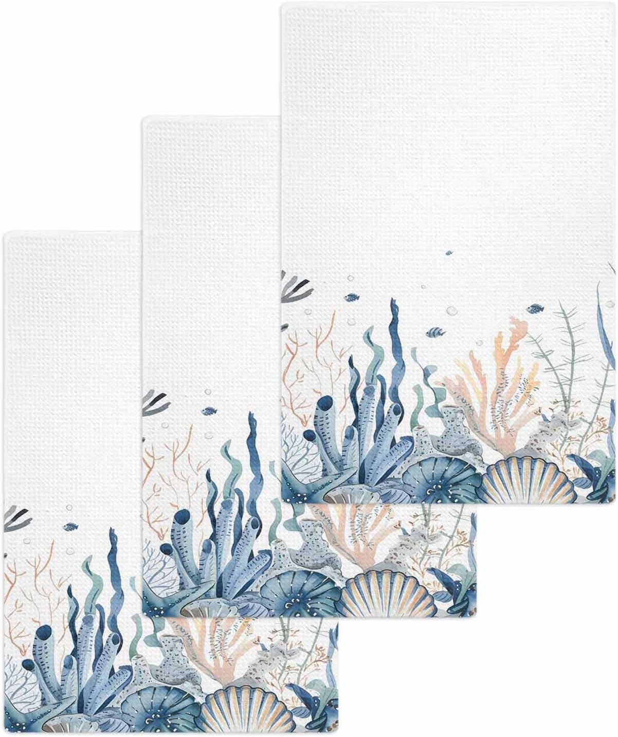 Ocean Seaweed Waffle Kitchen Hand Towels Set of 4,Super Absorbent & Quick Dry Hair Dish Bath Tea Golf Microfiber Soft Towel Cleaning Washcloth,Blue Tropical Fish Starfish Shell Sea Coral 15.7"x23.6"