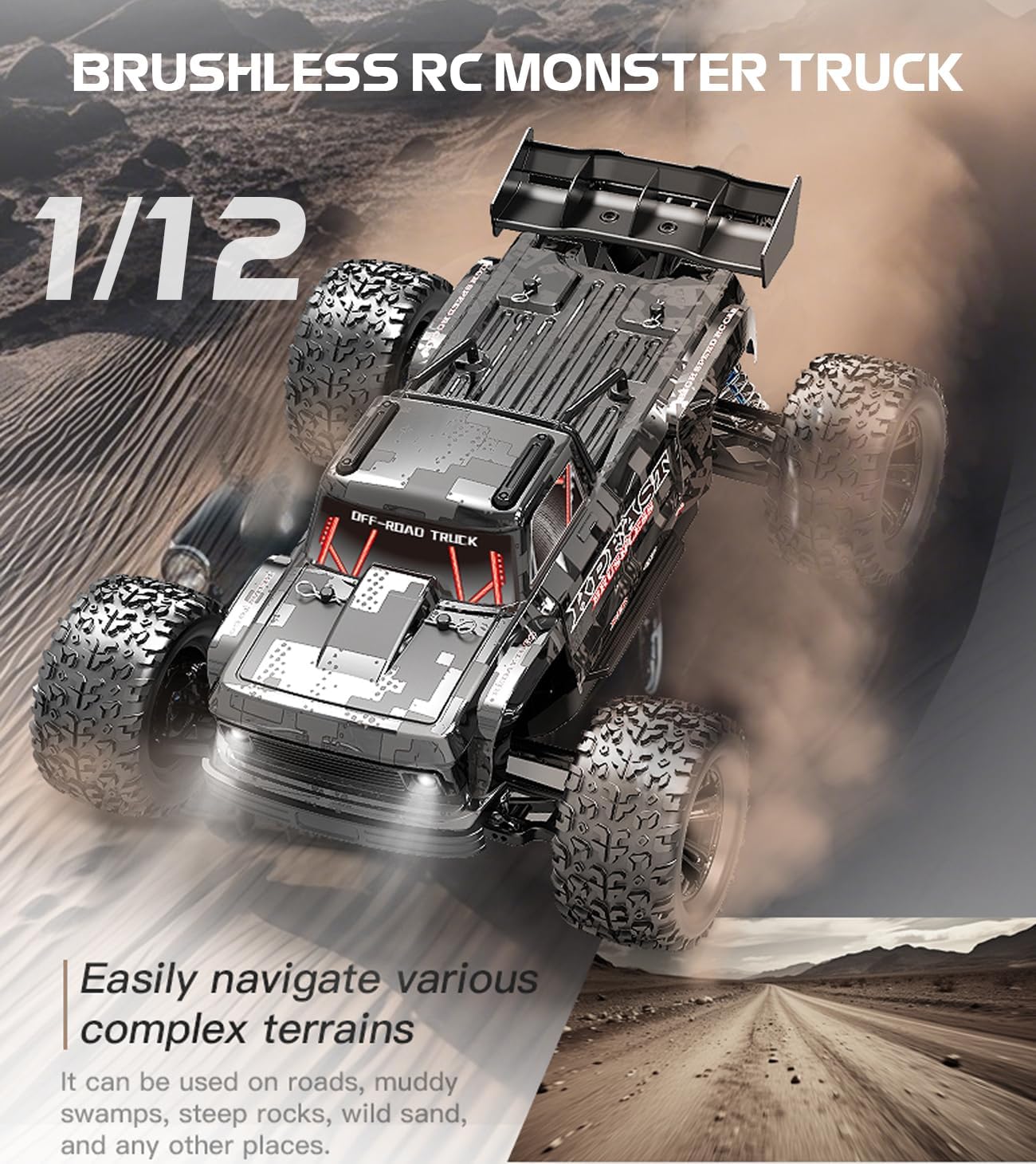 1/12 Brushless Fast RC Car for Adults, 4WD Electric Off-Road RC Monster Truck, 60KM/H High Speed RC Car W/Hobbywing ESC, Flysky FS-G4P, 3S Lipo for Hobby RTR Toy Gifts