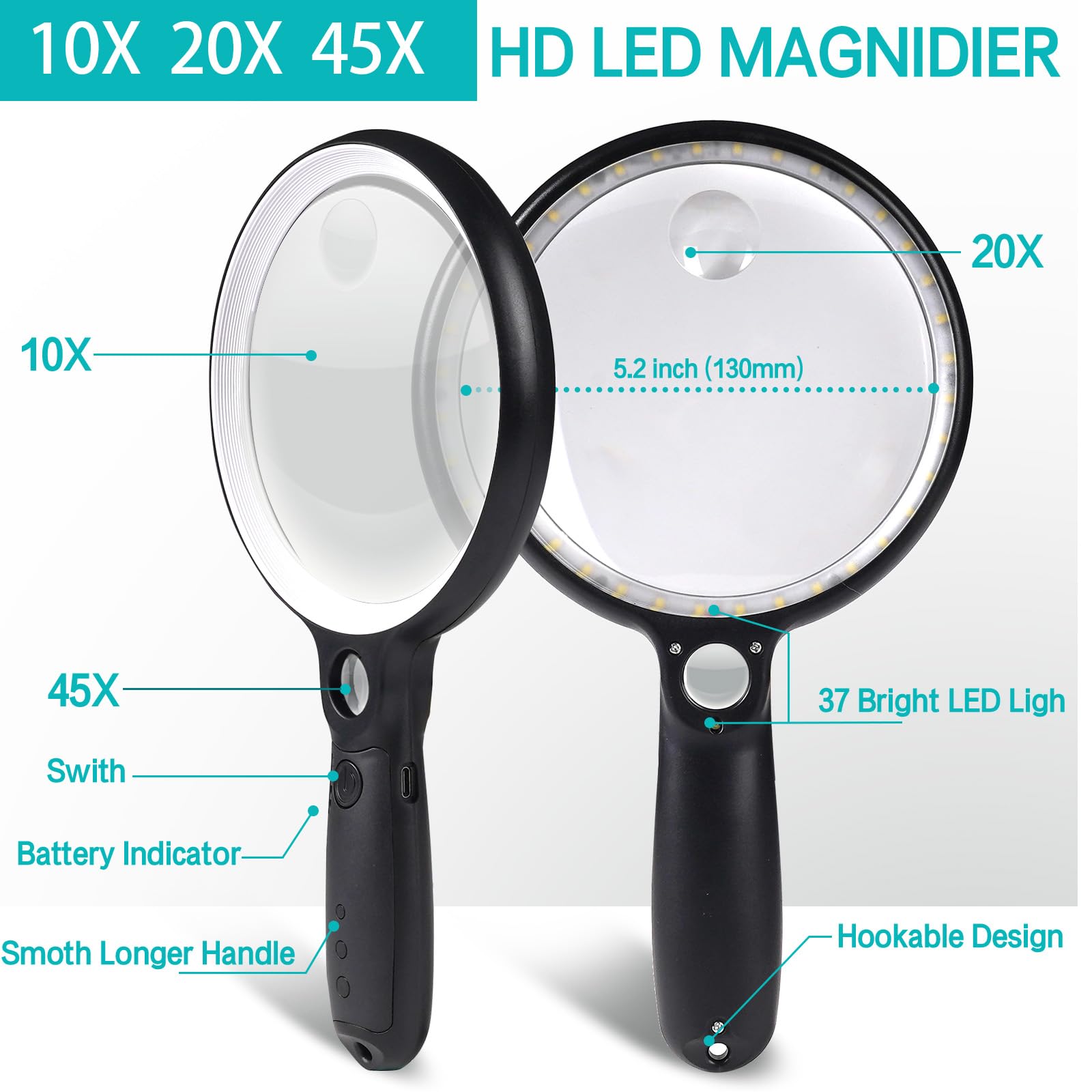 Lupa grande con 37 luces LED y estuche, lupa iluminada de mano de 10 x 20 x 45 x con 3 modos de luz, lupa recargable para personas mayores, lectura, inspección (blanco y negro)