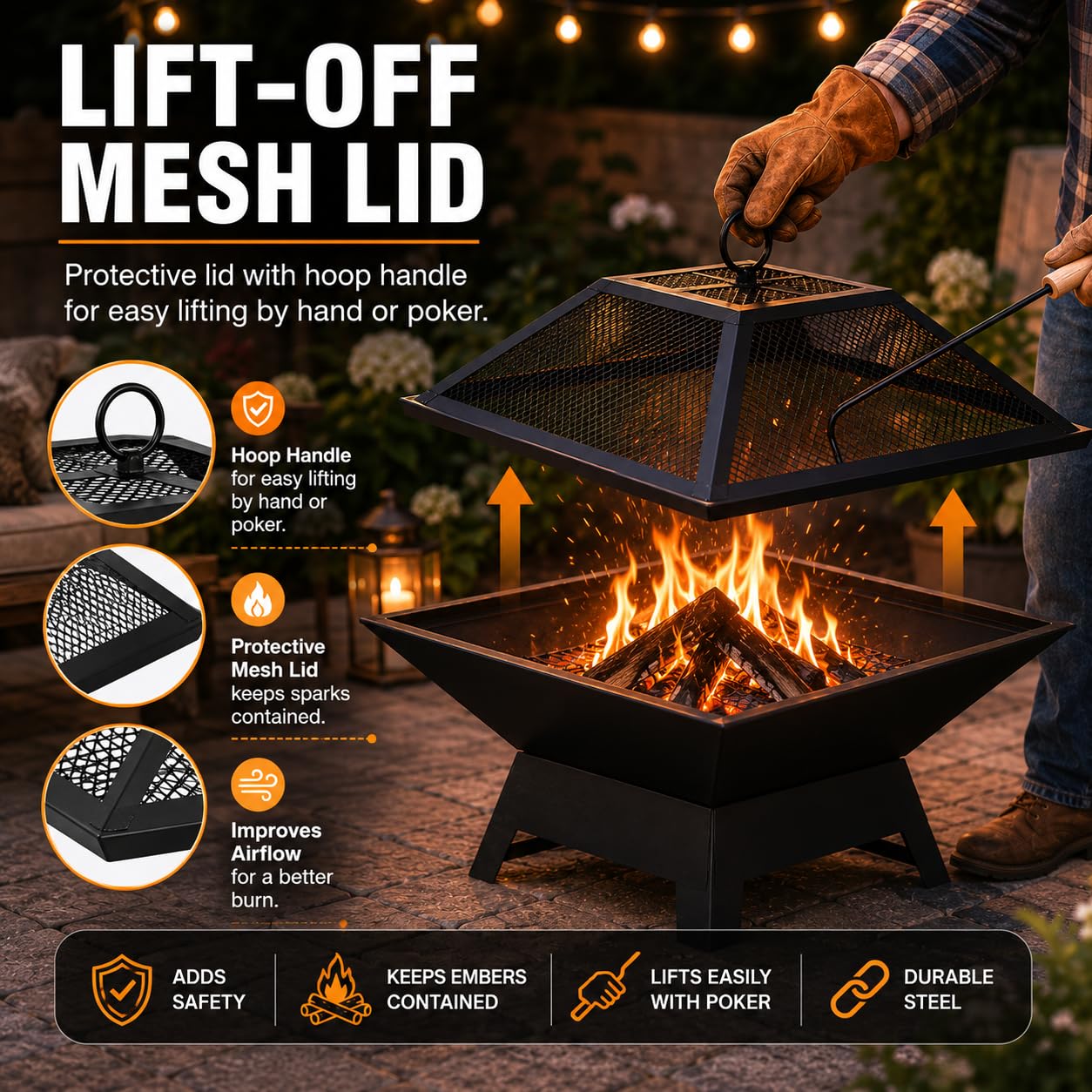 Garden Mile® - Grande braciere in metallo verniciato a polvere, colore nero, barbecue da esterno, braciere/stufa da giardino, quadrato