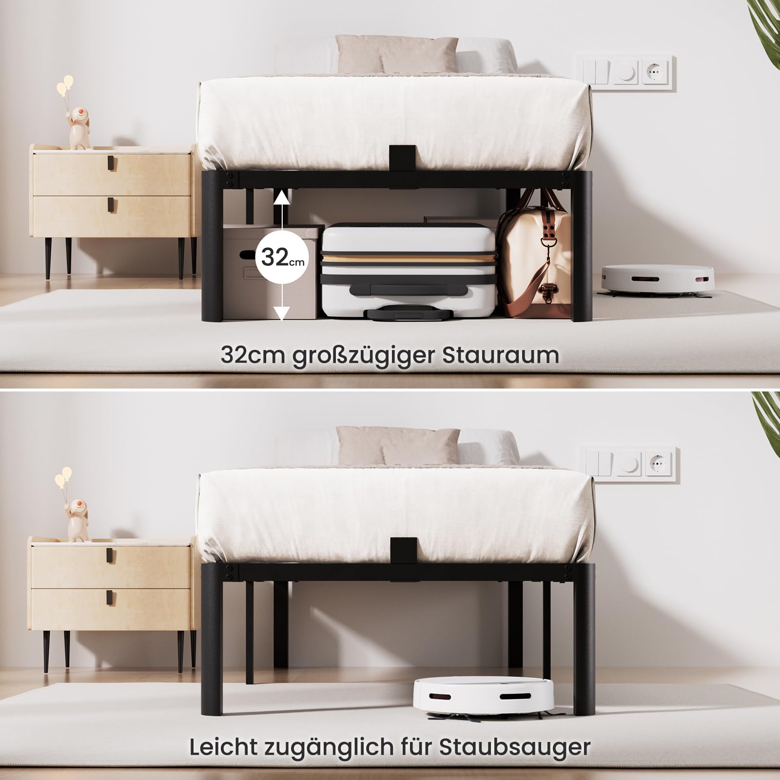 KUTAS Einzelbettgestell, 90 x 200 cm, Höhe 36 cm mit Stauraum unter dem Bett, 14 Reihen Metalllamellen Bett, Kein Boxspringbett Erforderlich, Einfach zu Montieren, Geräuschlos, Modern, Schwarz