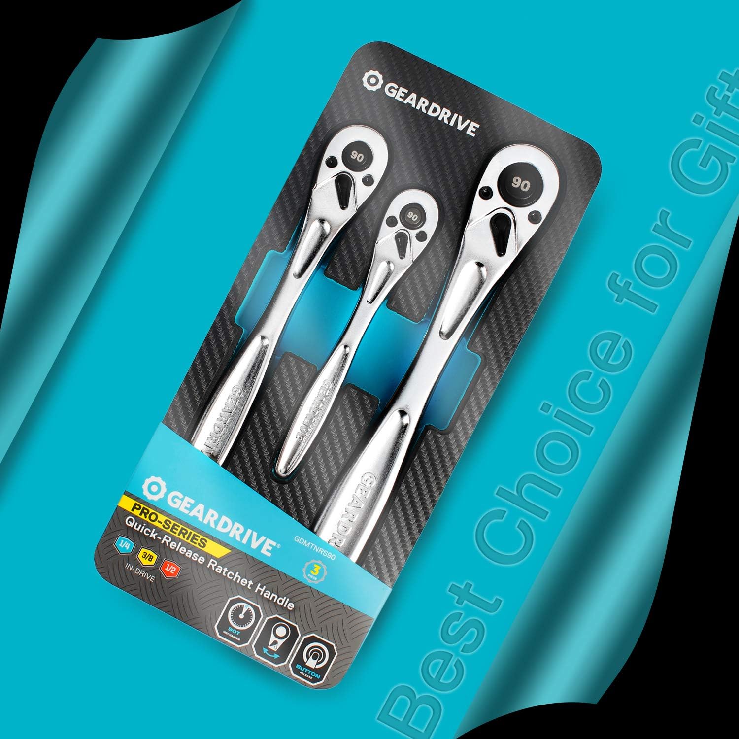 3-Piece Heavy Duty Ratchet Set, 1/4", 3/8", 1/2" Drive, 90-Tooth, Quick-release Reversible, CR-V, with EVA Organizer