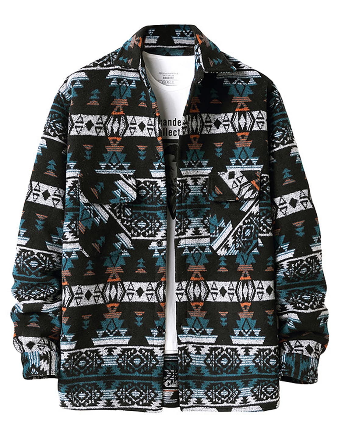 VIEWON Men's Casual Aztec Print Button Down Woolen Long Sleeve Lightweight Lapel Western Shacket Jacket Coat
