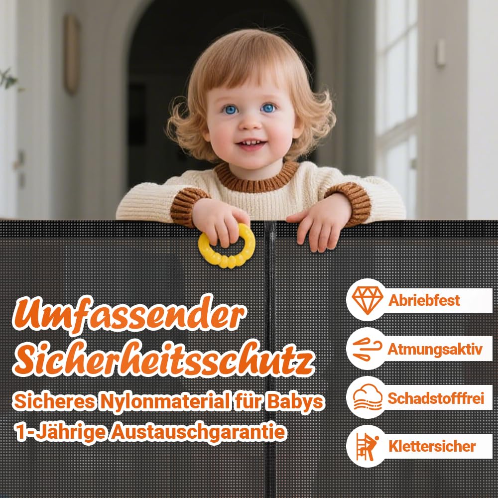 Ycozy Ogrodzenie dla dzieci 0-150 cm, chowana bramka dla psa ze wzmocnionymi drążkami, zapobieganie przechodzeniu przez pełzanie, zwijane schody, do wewnątrz i na zewnątrz