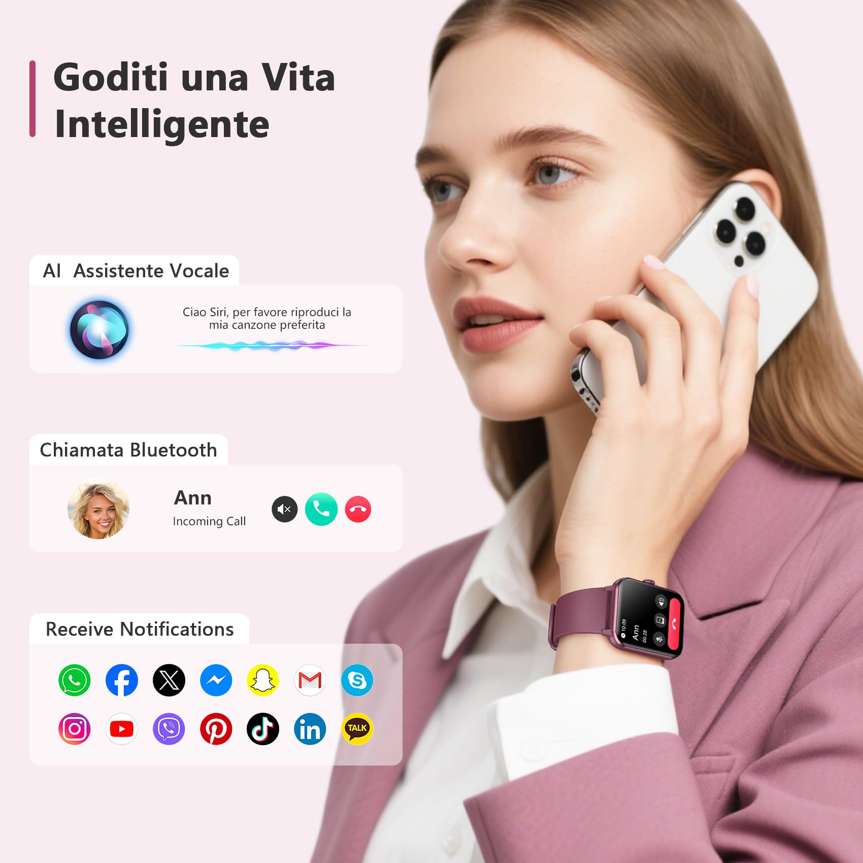 Baolubao Smartwatch Donna, 1.85" Smartwatch con Effettua/Risposta Chiamate, 100+ Sportive Smart Watch con 2cinturini/Cardiofrequenzimetro/Sonno, IP68 Impermeabile Fitness Tracker per iOS Android