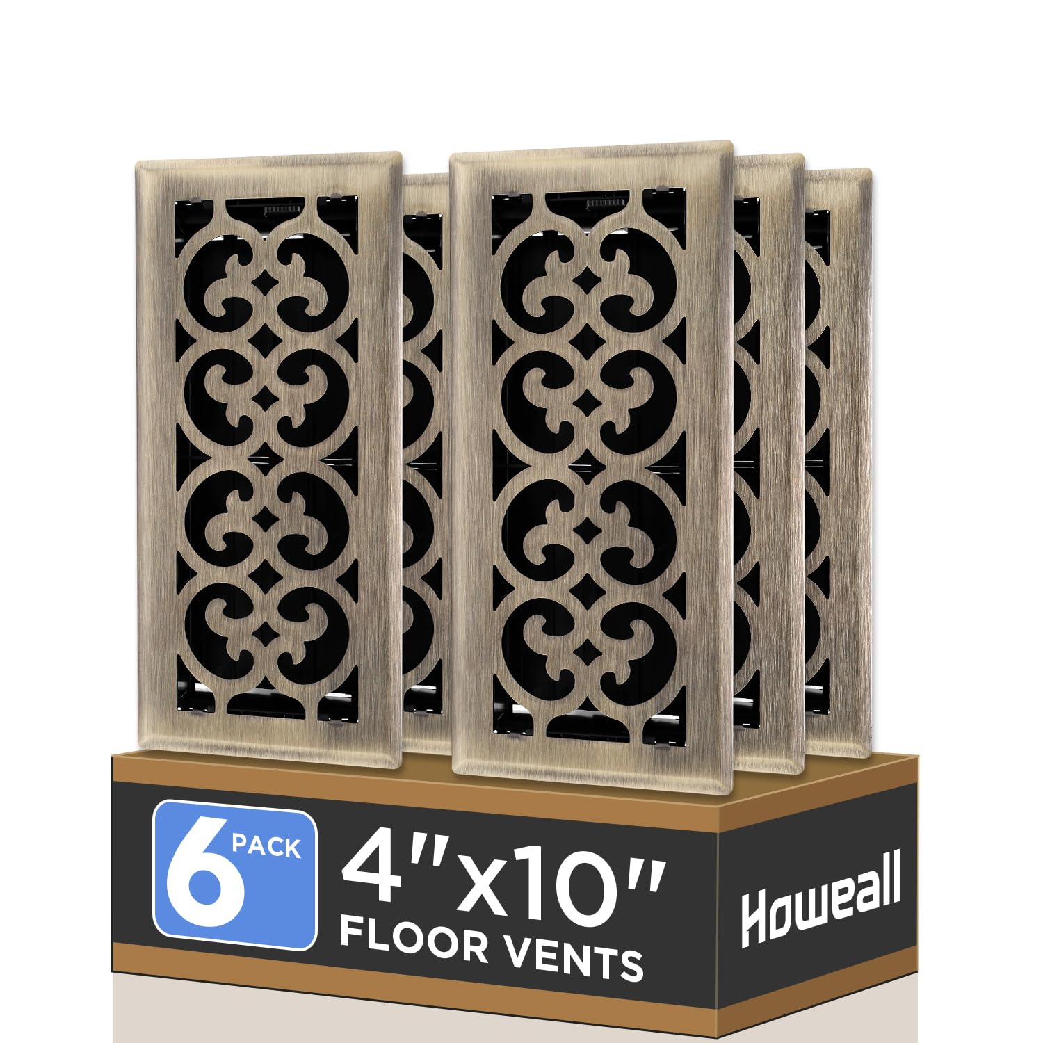 Howeall 4x10 Inches 6 Pack Heavy Duty Walkable Floor Register - Easy Adjust Air Supply Lever Decorative Floor Vent Covers, Charlotte Design Vent