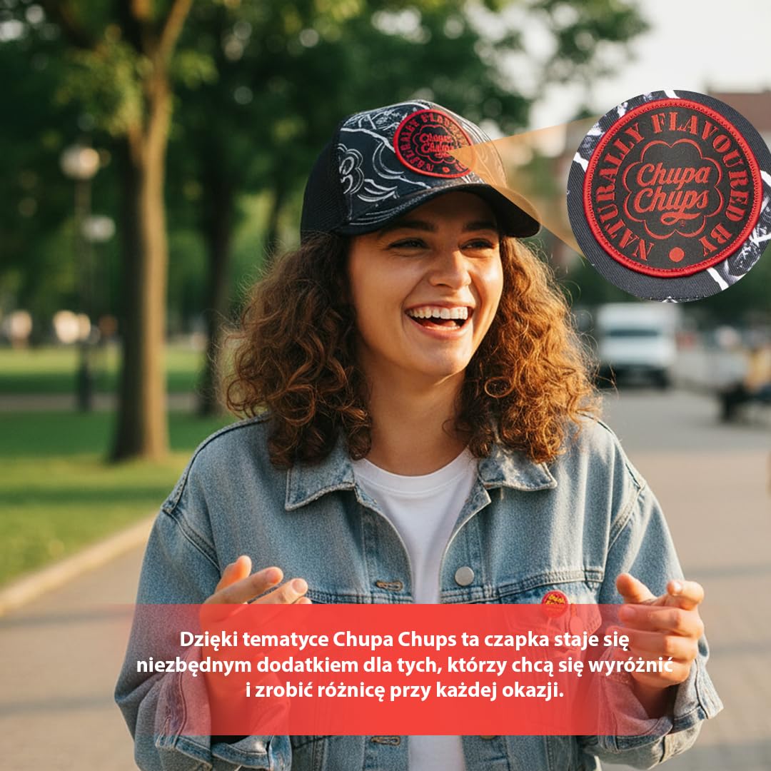 Capslab | Czarna Czapka Trucker | Model CC3 NIG Chupa Chups | Dla Dorosłych | Oryginalny, Retro i Urban Design | Regulowane Zapięcie i Oddychający Panel Siatkowy | Idealna do Aktywności Na Świeżym