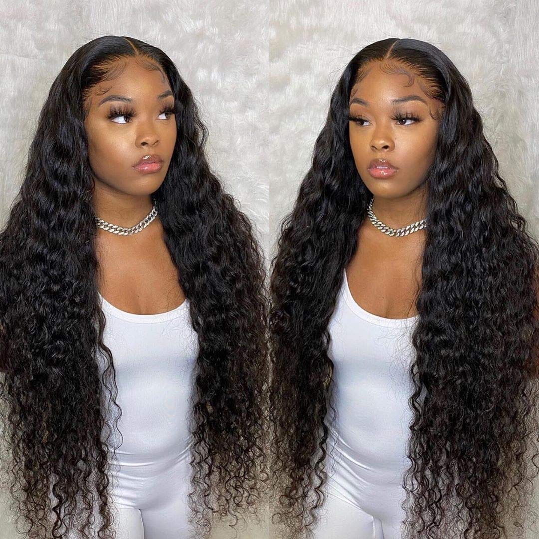 13x4 Deep Wave Lace Front Wigs Human Hair 28 Inch Pre Plucked with Baby Hair 180% Dnesity HD Curly Human Hair Wigs for Black Women Glueless Lace Wigs Transparent Lace Frontal Wigs Brazilian Virgin Hair Wigs