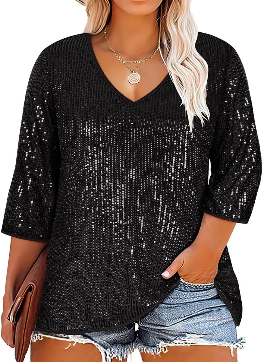 TIYOMI Plus Size Sequin Tops for Women 3/4 Sleeve Party Tunics XL-5XL