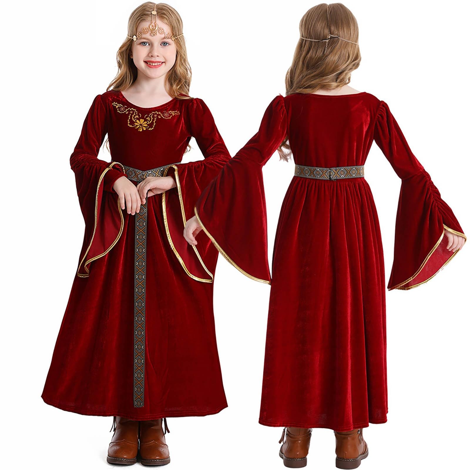 Girls Vintage Medieval Costume Kids Medieval Renaissance Dress Long Dress Trumpet Sleeve Style Outfit for Drama Musical Stage Performance School Party