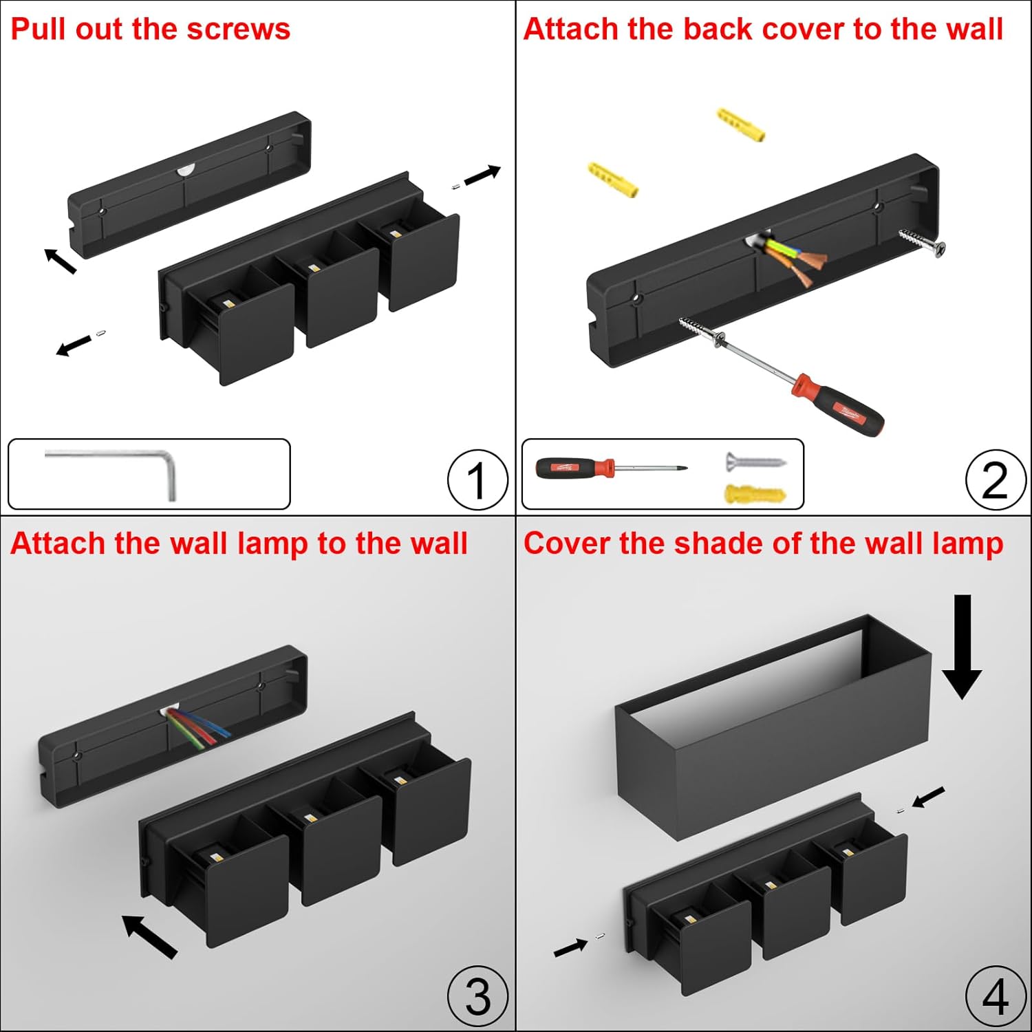 Four-step diagram illustrating the installation process: 1. Pull out screws, 2. Attach back cover to wall, 3. Attach wall lamp to back cover, 4. Cover the shade of the wall lamp.