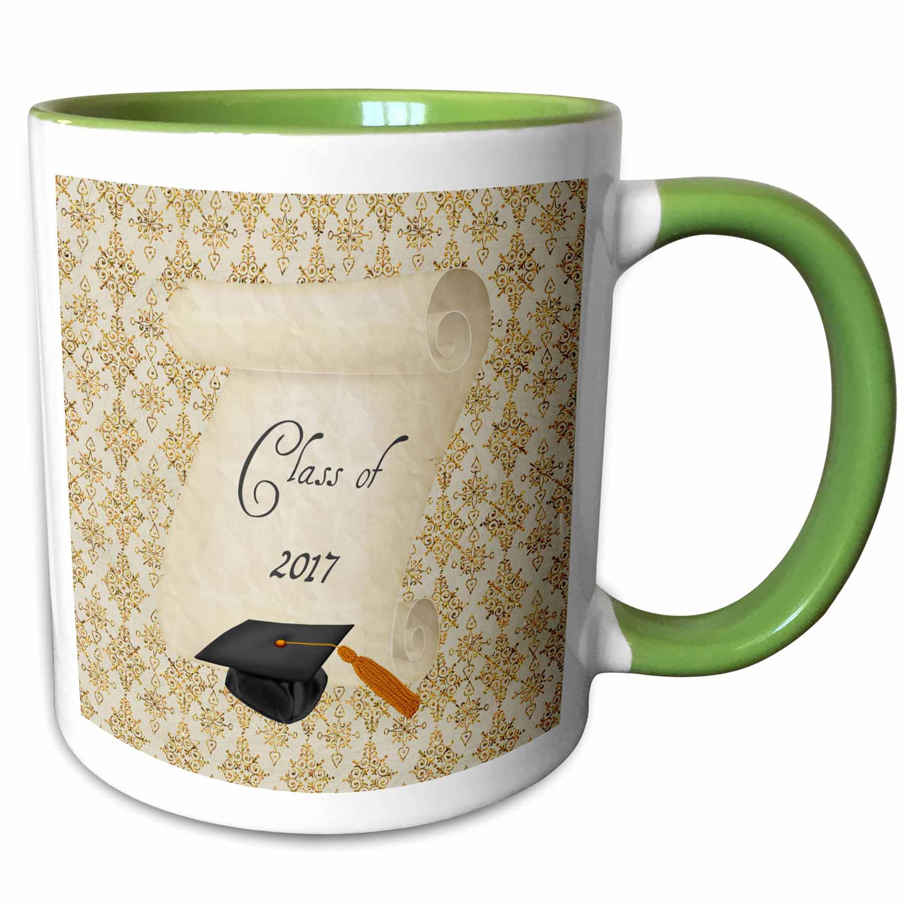 3Drose Green Graduation Cap On Scroll, Gold Damask Design, Class Of 2017 11Oz Two-Tone Mug