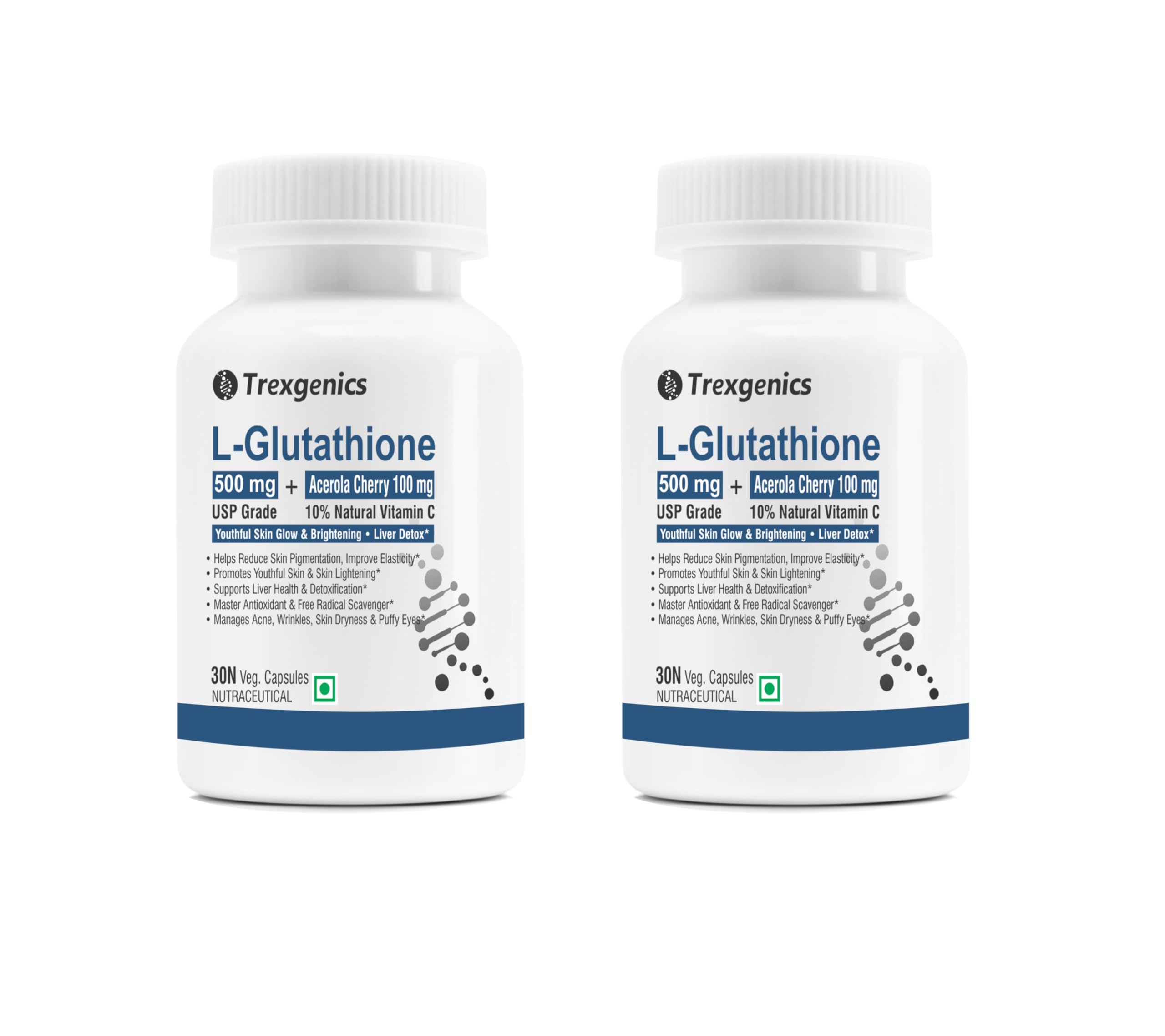 Buy Trexgenics L-GLUTATHIONE USP Grade 500 mg + ACEROLA CHERRY 100 mg 10% Vitamin C Skin Glow, Brightening & Liver Detox (30 Veg. Capsules) (Pack of 2) Online at Low Prices in India - Amazon.in Buy Trexgenics L-GLUTATHIONE USP Grade 500 mg + ACEROLA CHERRY 100 mg 10% Vitamin C Skin Glow, Brightening & Liver Detox (30 Veg. Capsules) (Pack of 2) Online at Low Prices in India - Amazon.in