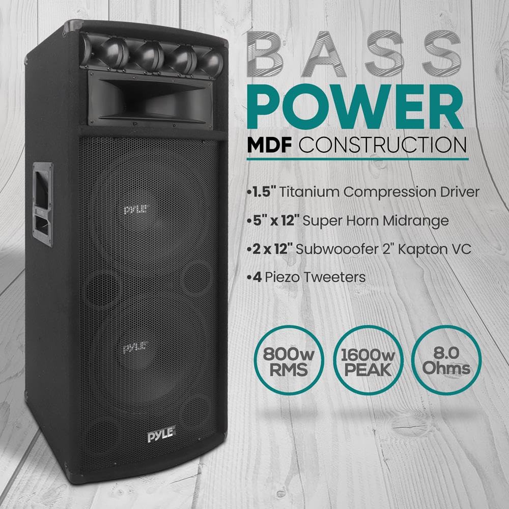 Pyle Sistema Altoparlante PA Portatile, Speaker 1600 Watt, Suono Stereo da Esterno con Doppi Woofer da 30 cm, Tweeter Piezo da 8,6 cm, Cassa Tromba 12,7 x 30,5 cm, Crossover Integrato