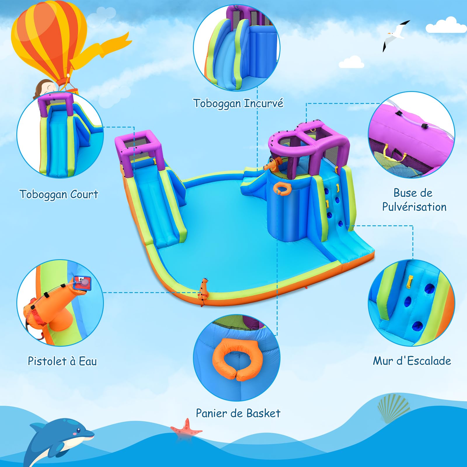 GOPLUS Château Gonflable Exterieur Enfant avec Double Toboggan, Pistolet à Eau, Mur d'escalade, Panier de Basket, Balle, avec Piscine d'Éclaboussures pour Enfants (Violet+ Gonfleur 950W)