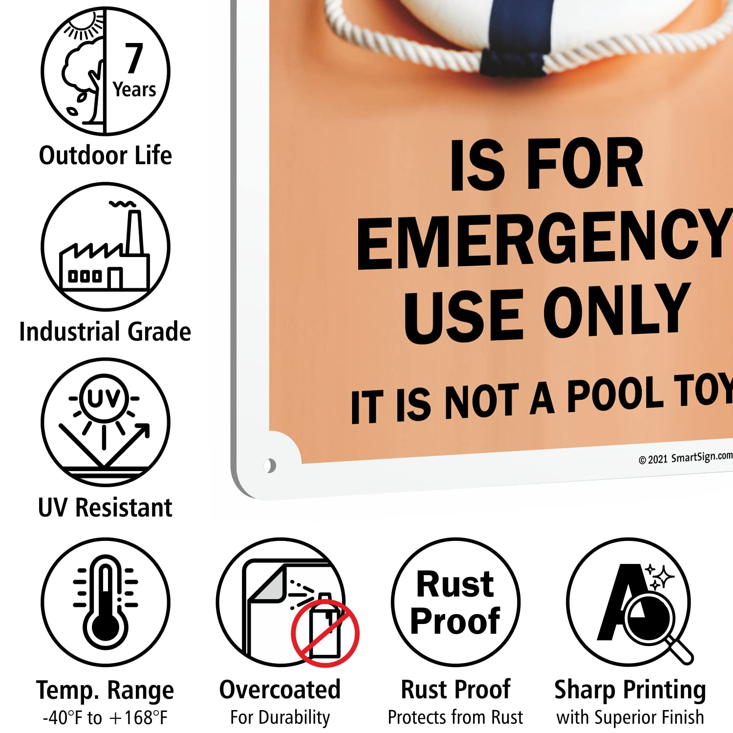 SmartSign Letrero de metal con texto en inglés "Ring Buoy For Emergency Use Only, Not A Pool Toy" de 35,5 x 25,4 cm, serigrafiado, aluminio laminado inoxidable de 40 mil, marrón, negro y blanco