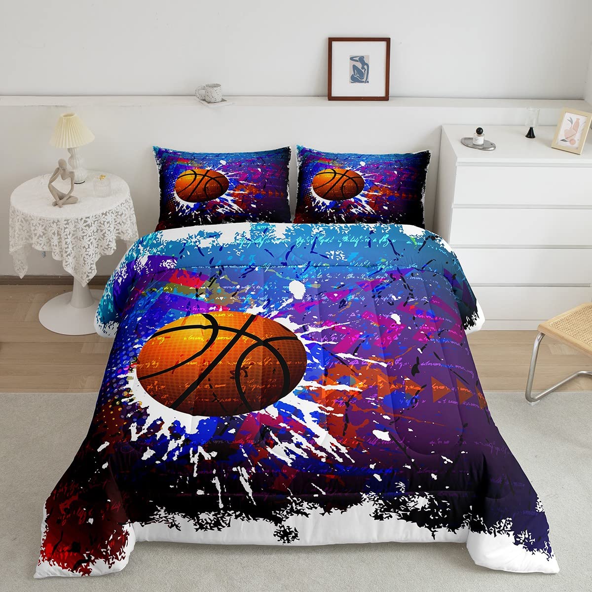 Basketball Duvet Set Gaming Sports Bedding Set Ball Games Pattern Sports Theme Quilted Down Comforter for Kids Boys Girls Microfiber Single