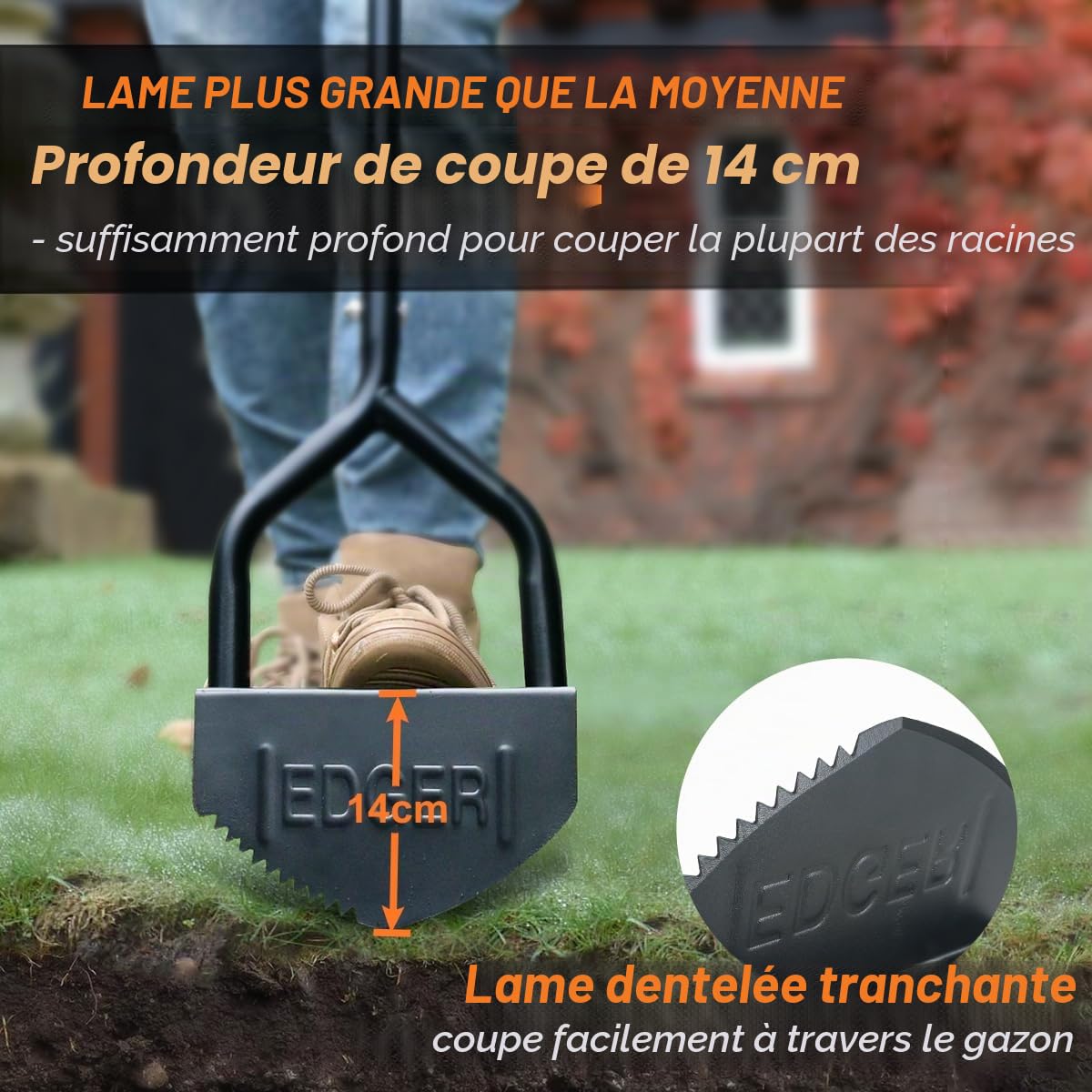 Colwelt Outil de bordure de pelouse manuel de 102 cm, demi-lune avec lame dentelée en forme de V, outil de bordure de pelouse en acier massif avec poignée en T douce, bordure de jardin pour trottoir